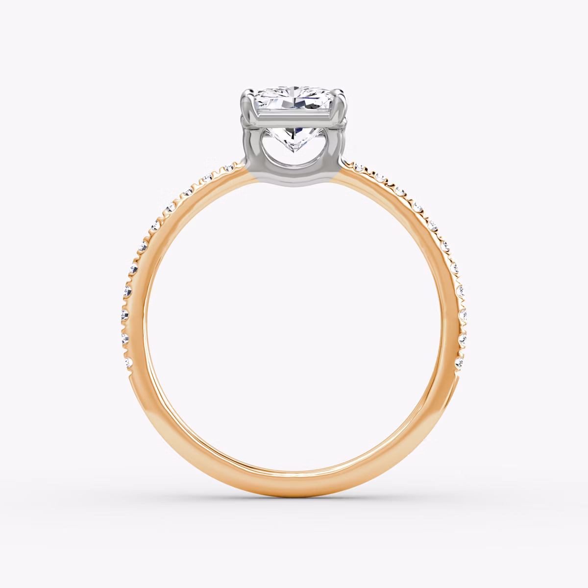 The Signature | Radiant | 14k | Rose Gold and Platinum | bandAccent: Pavé | bandWidth: standard | hiddenHalo: no | diamondOrientation: vertical | caratWeight: other