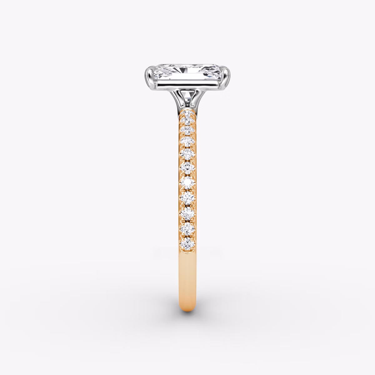 The Signature | Radiant | 14k | Rose Gold and Platinum | bandAccent: Pavé | bandWidth: standard | hiddenHalo: no | diamondOrientation: vertical | caratWeight: other
