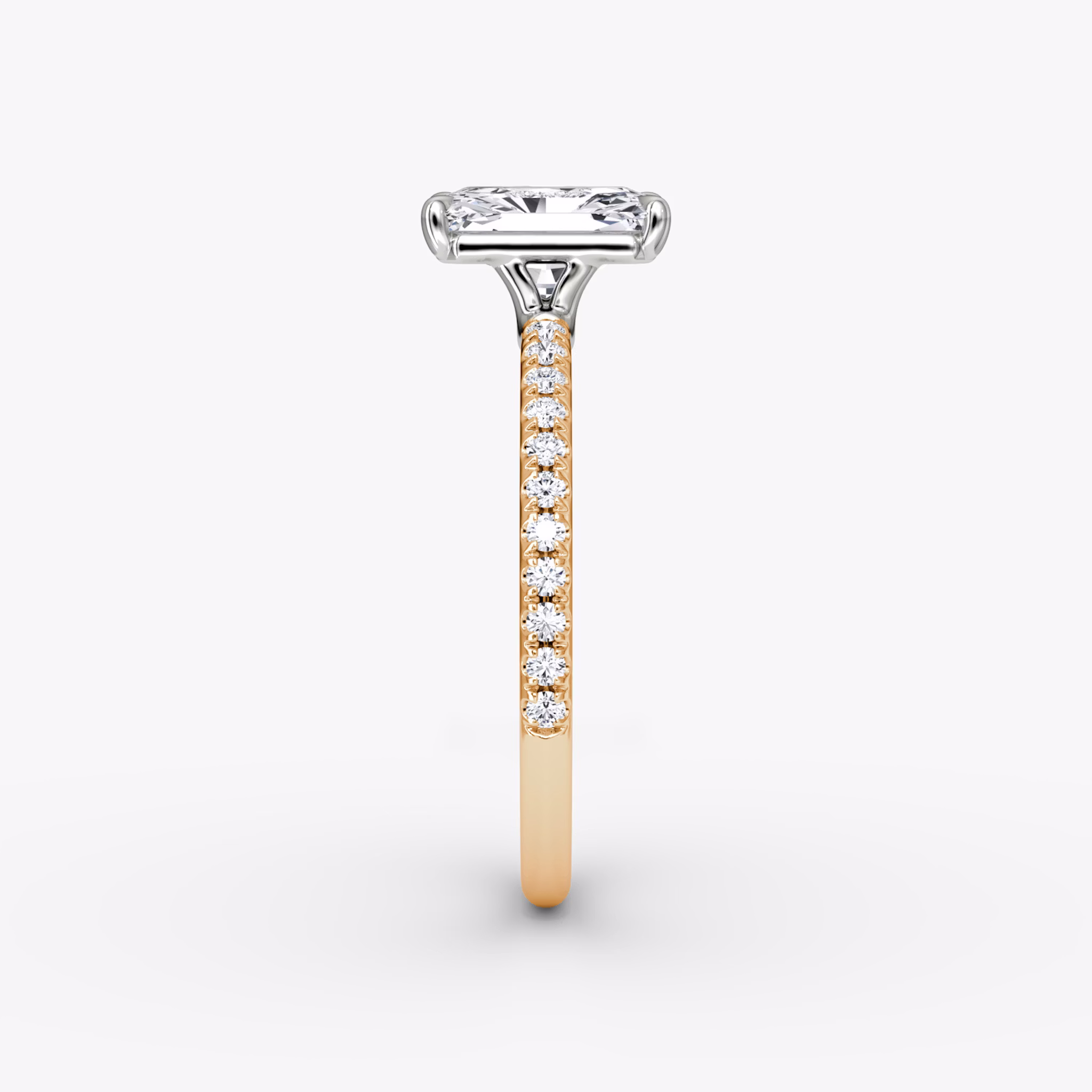 The Signature | Radiant | 14k | Rose Gold and Platinum | bandAccent: Pavé | bandWidth: standard | hiddenHalo: no | diamondOrientation: vertical | caratWeight: other