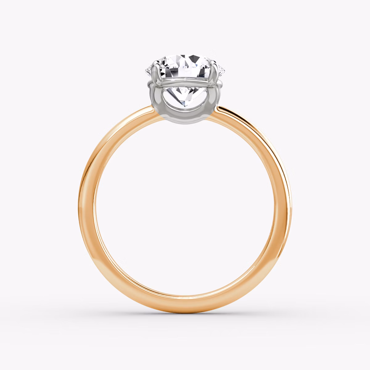 The Signature | Round Brilliant | 14k | Rose Gold and Platinum | bandAccent: Plain | bandWidth: standard | caratWeight: 1.5ct | hiddenHalo: no | diamondOrientation: vertical