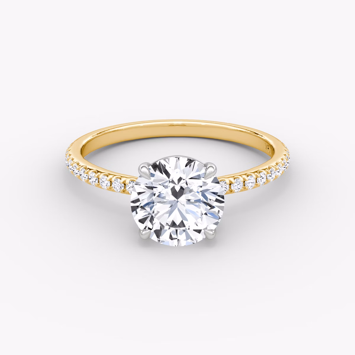 The Signature | Round Brilliant | 18k | Yellow Gold and Platinum | bandAccent: Pavé | bandWidth: standard | caratWeight: 1.0ct | hiddenHalo: no | diamondOrientation: vertical