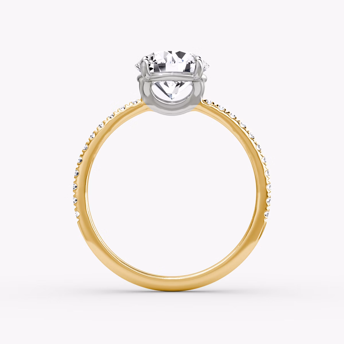 The Signature | Round Brilliant | 18k | Yellow Gold and Platinum | bandAccent: Pavé | bandWidth: standard | caratWeight: 1.0ct | hiddenHalo: no | diamondOrientation: vertical