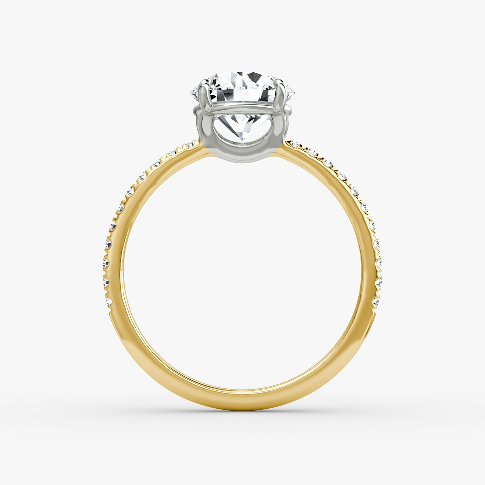 The Signature | Round Brilliant | 18k | Yellow Gold and Platinum | bandAccent: Pavé | bandWidth: standard | caratWeight: other | hiddenHalo: no | diamondOrientation: vertical
