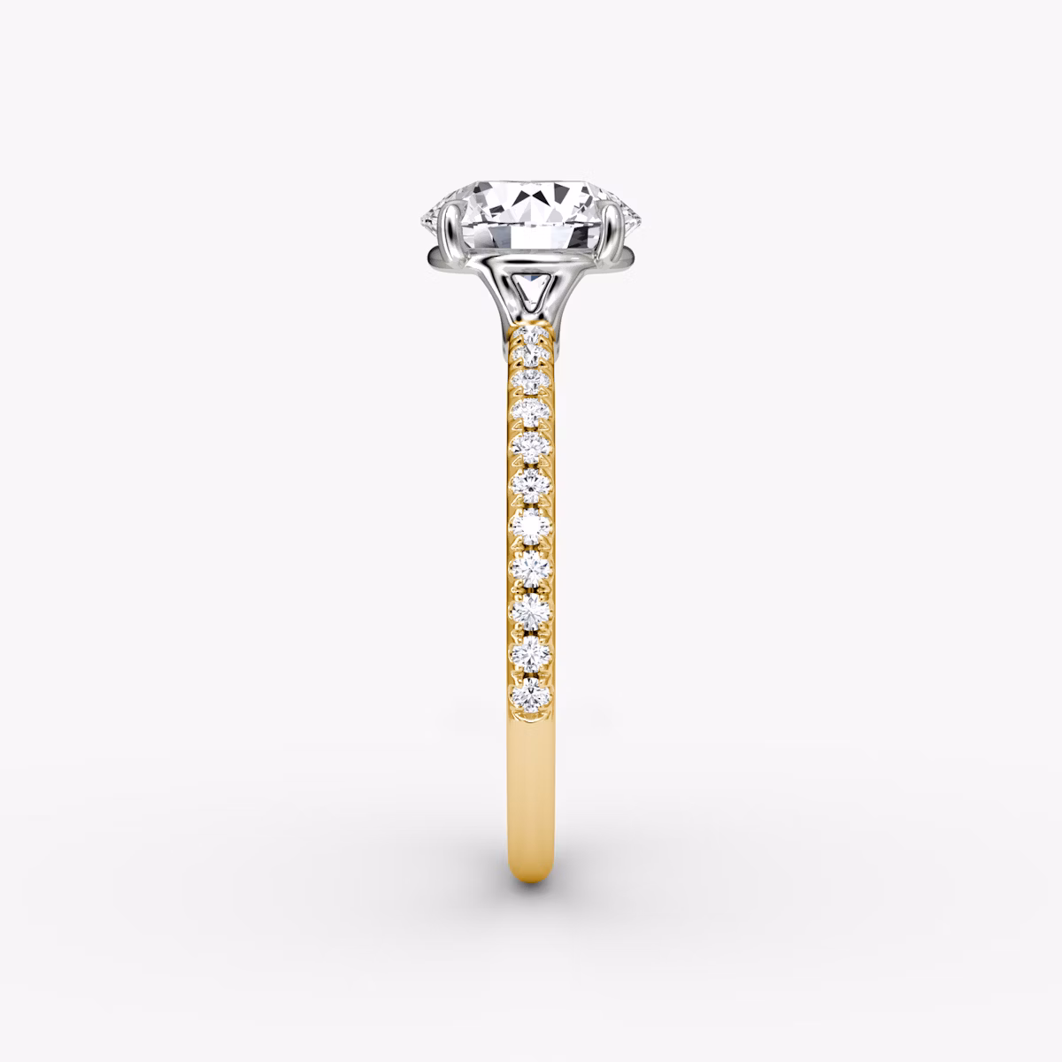 The Signature | Round Brilliant | 18k | Yellow Gold and Platinum | bandAccent: Pavé | bandWidth: standard | caratWeight: 1.0ct | hiddenHalo: no | diamondOrientation: vertical