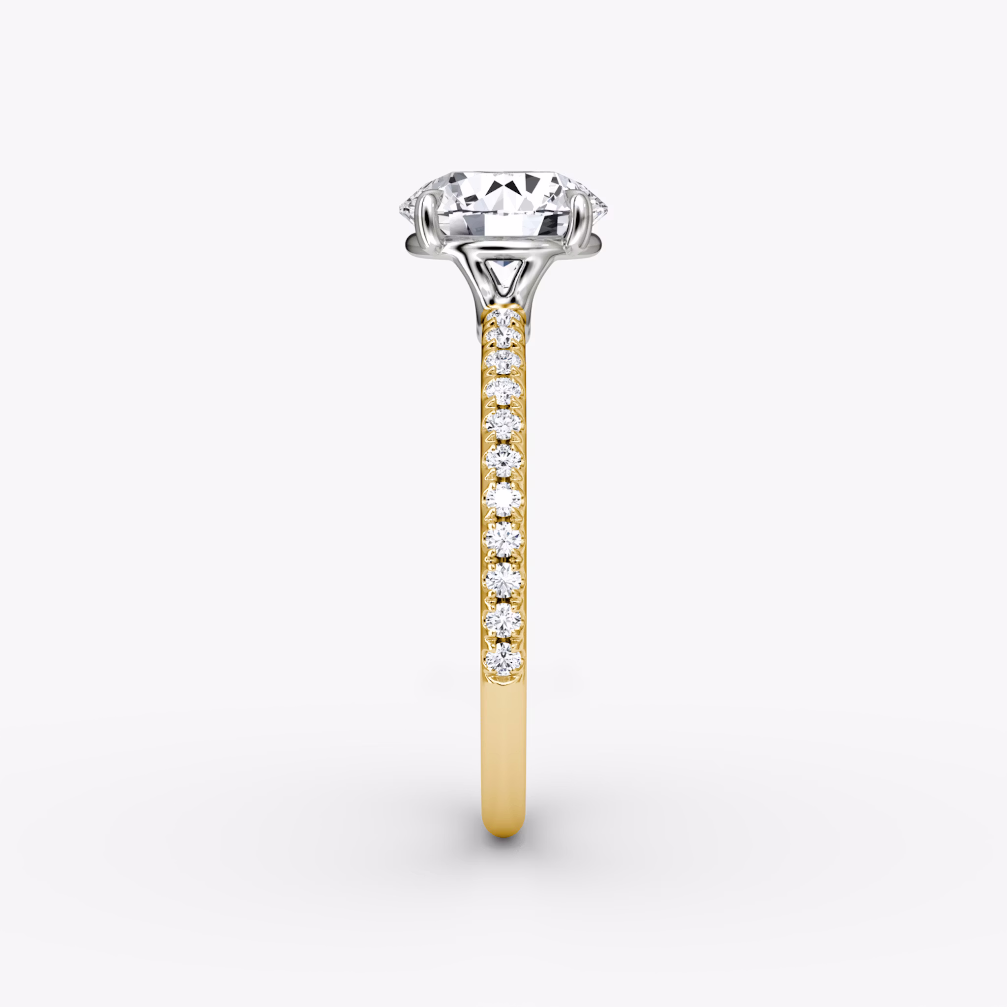 The Signature | Round Brilliant | 18k | Yellow Gold and Platinum | bandAccent: Pavé | bandWidth: standard | caratWeight: other | hiddenHalo: no | diamondOrientation: vertical