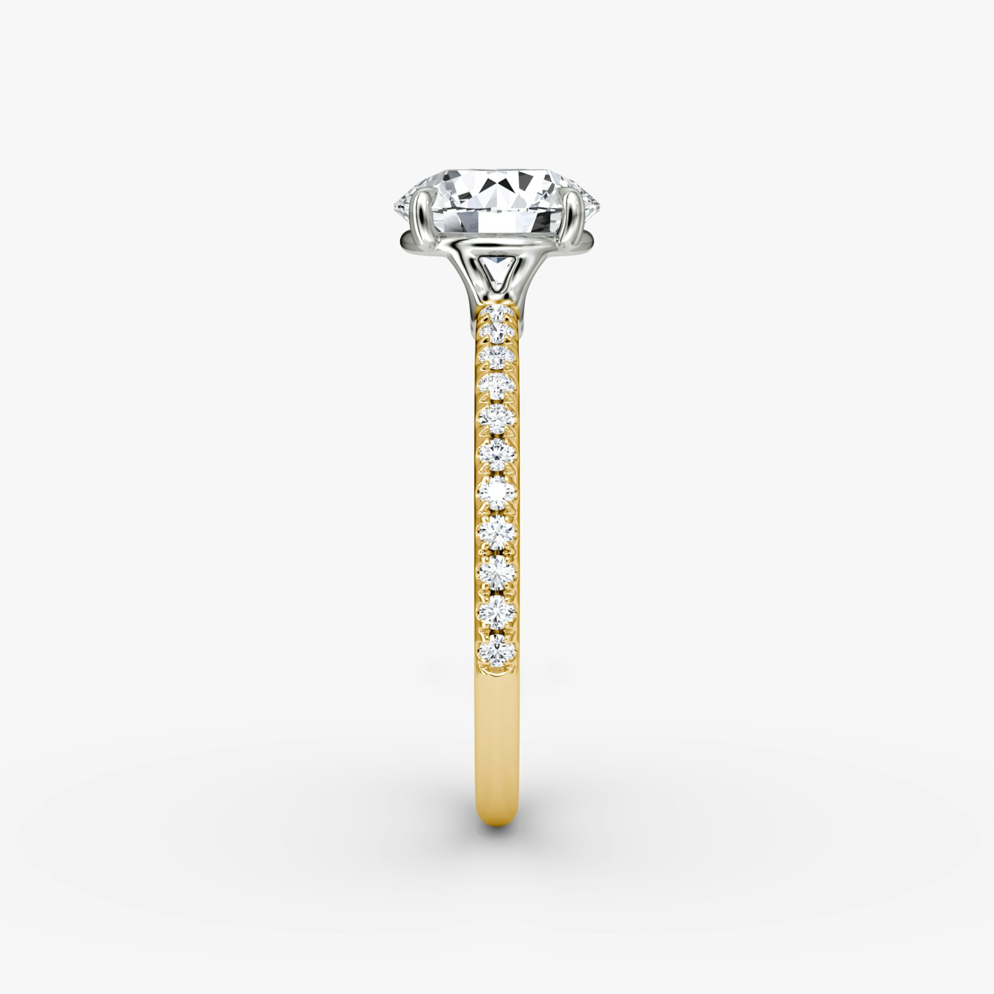 The Signature | Round Brilliant | 18k | Yellow Gold and Platinum | bandAccent: Pavé | bandWidth: standard | caratWeight: other | hiddenHalo: no | diamondOrientation: vertical