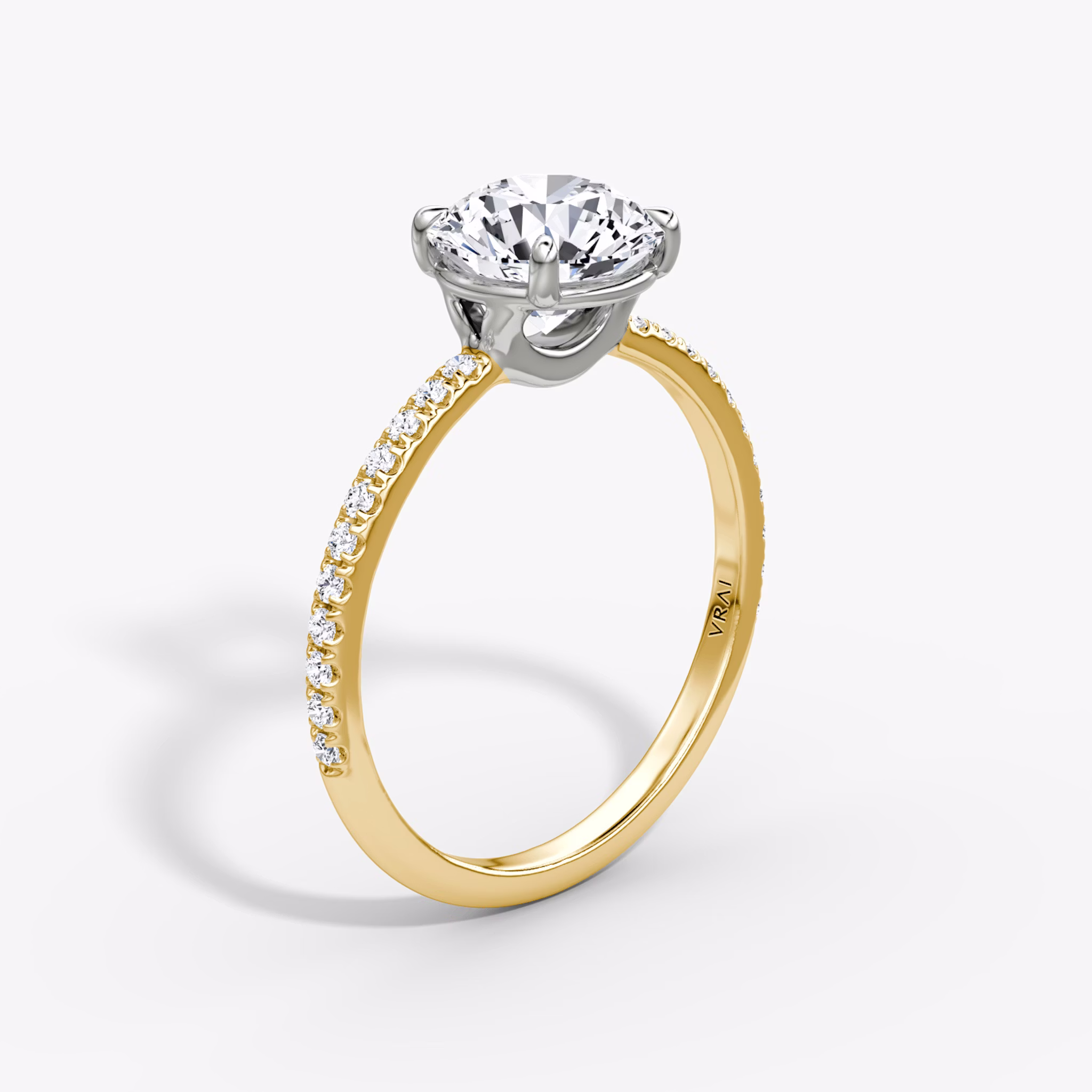 The Signature | Round Brilliant | 18k | Yellow Gold and Platinum | bandAccent: Pavé | bandWidth: standard | caratWeight: other | hiddenHalo: no | diamondOrientation: vertical