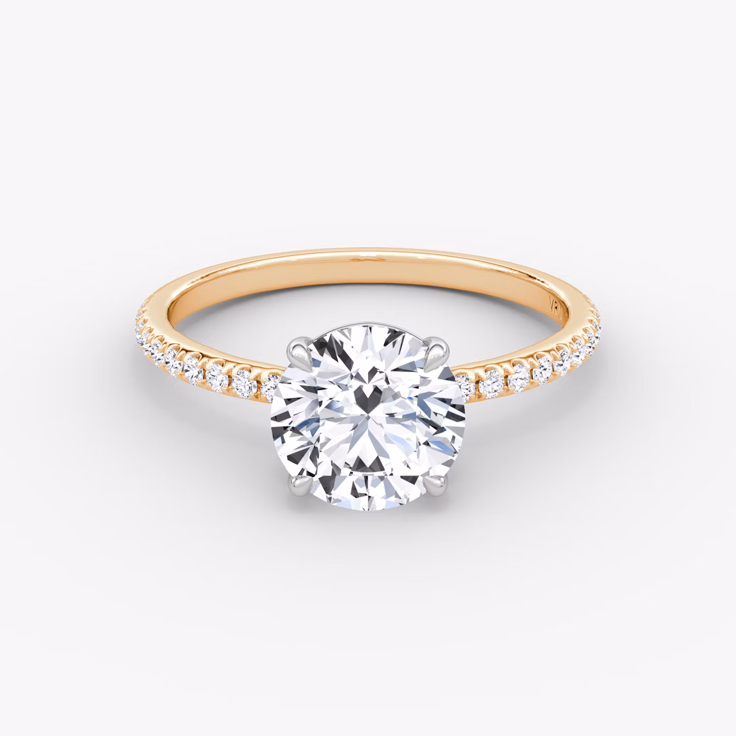 The Signature | Round Brilliant | 14k | Rose Gold and Platinum | bandAccent: Pavé | bandWidth: standard | caratWeight: other | hiddenHalo: no | diamondOrientation: vertical