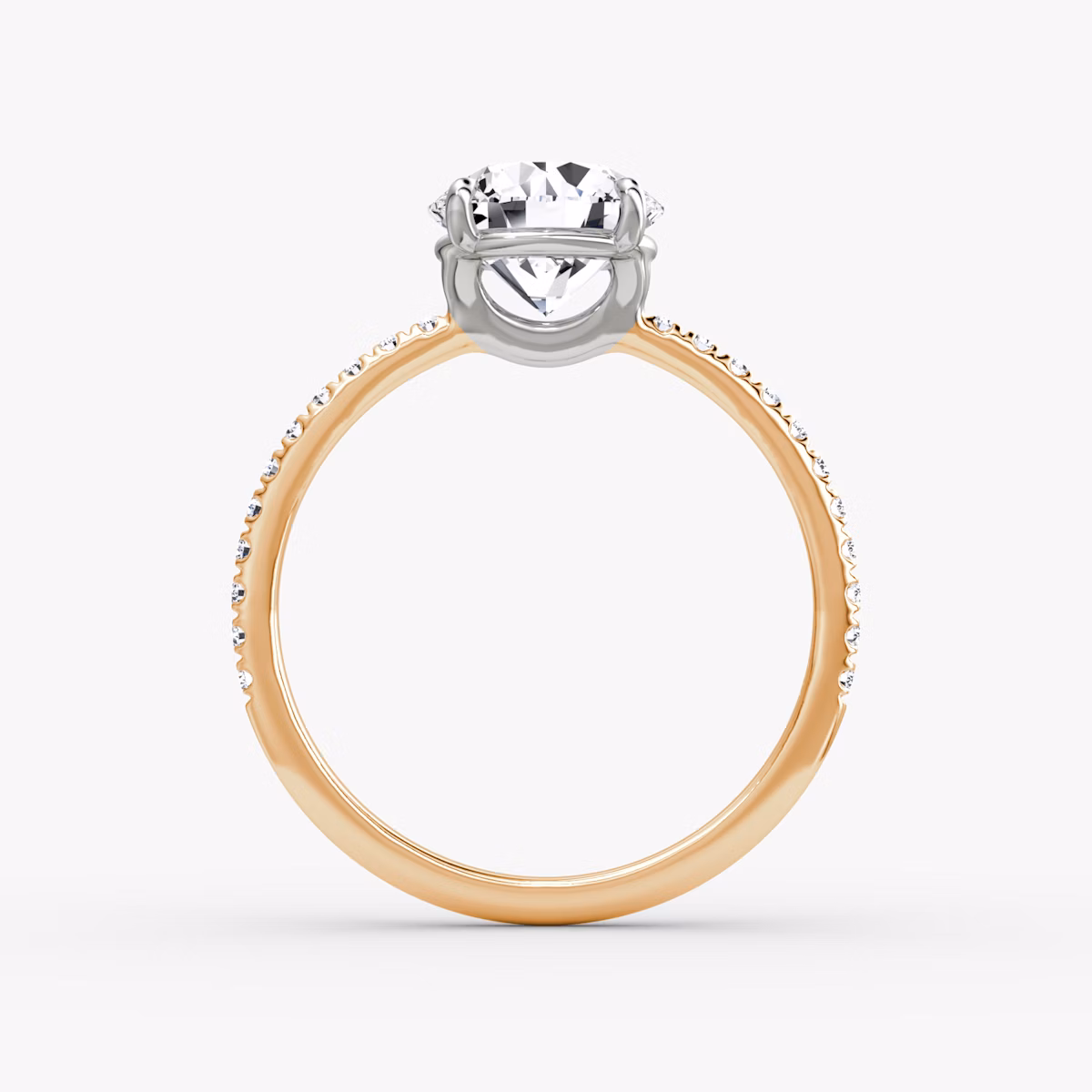 The Signature | Round Brilliant | 14k | Rose Gold and Platinum | bandAccent: Pavé | bandWidth: standard | caratWeight: other | hiddenHalo: no | diamondOrientation: vertical