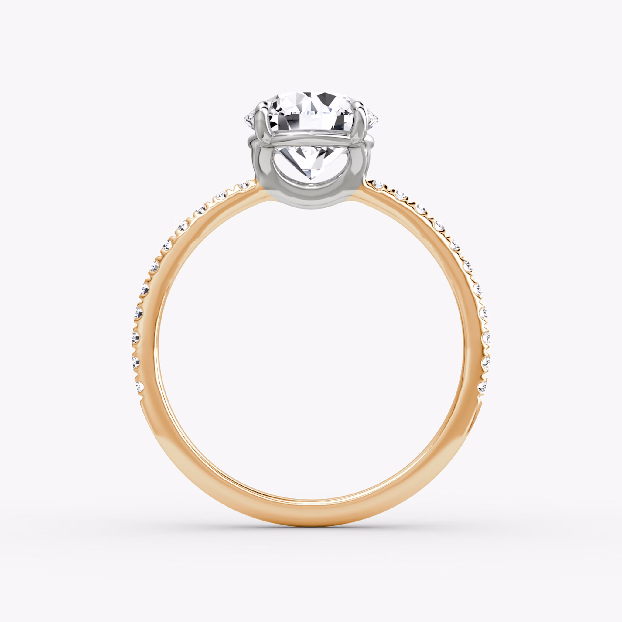 The Signature | Round Brilliant | 14k | Rose Gold and Platinum | bandAccent: Pavé | bandWidth: standard | caratWeight: 1.0ct | hiddenHalo: no | diamondOrientation: horizontal