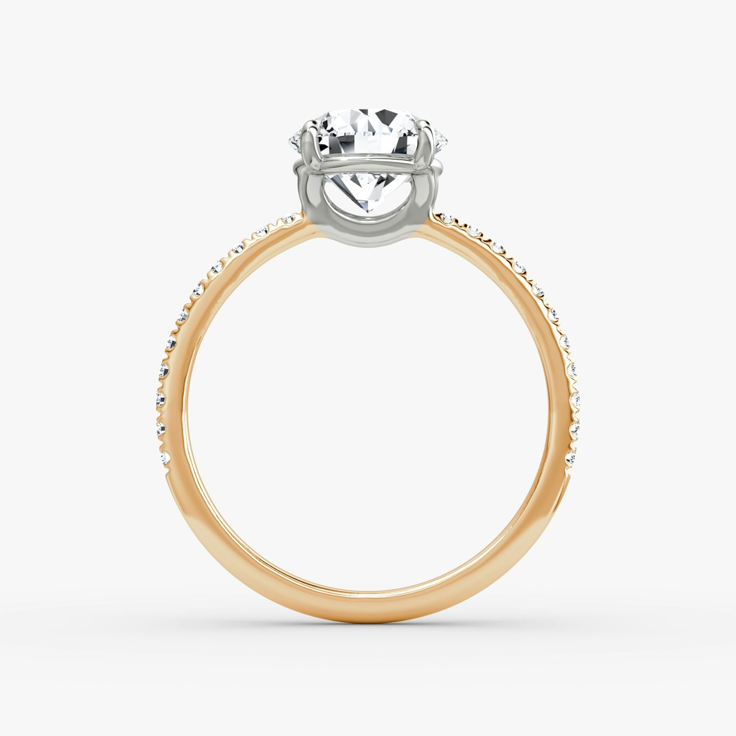 The Signature | Round Brilliant | 14k | Rose Gold and Platinum | bandAccent: Pavé | bandWidth: standard | caratWeight: other | hiddenHalo: no | diamondOrientation: vertical
