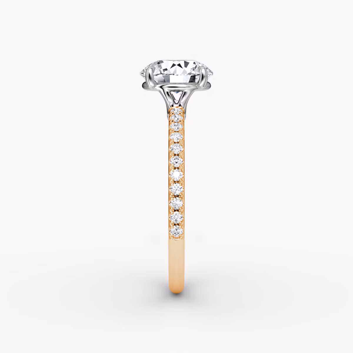 The Signature | Round Brilliant | 14k | Rose Gold and Platinum | bandAccent: Pavé | bandWidth: standard | caratWeight: other | hiddenHalo: no | diamondOrientation: vertical