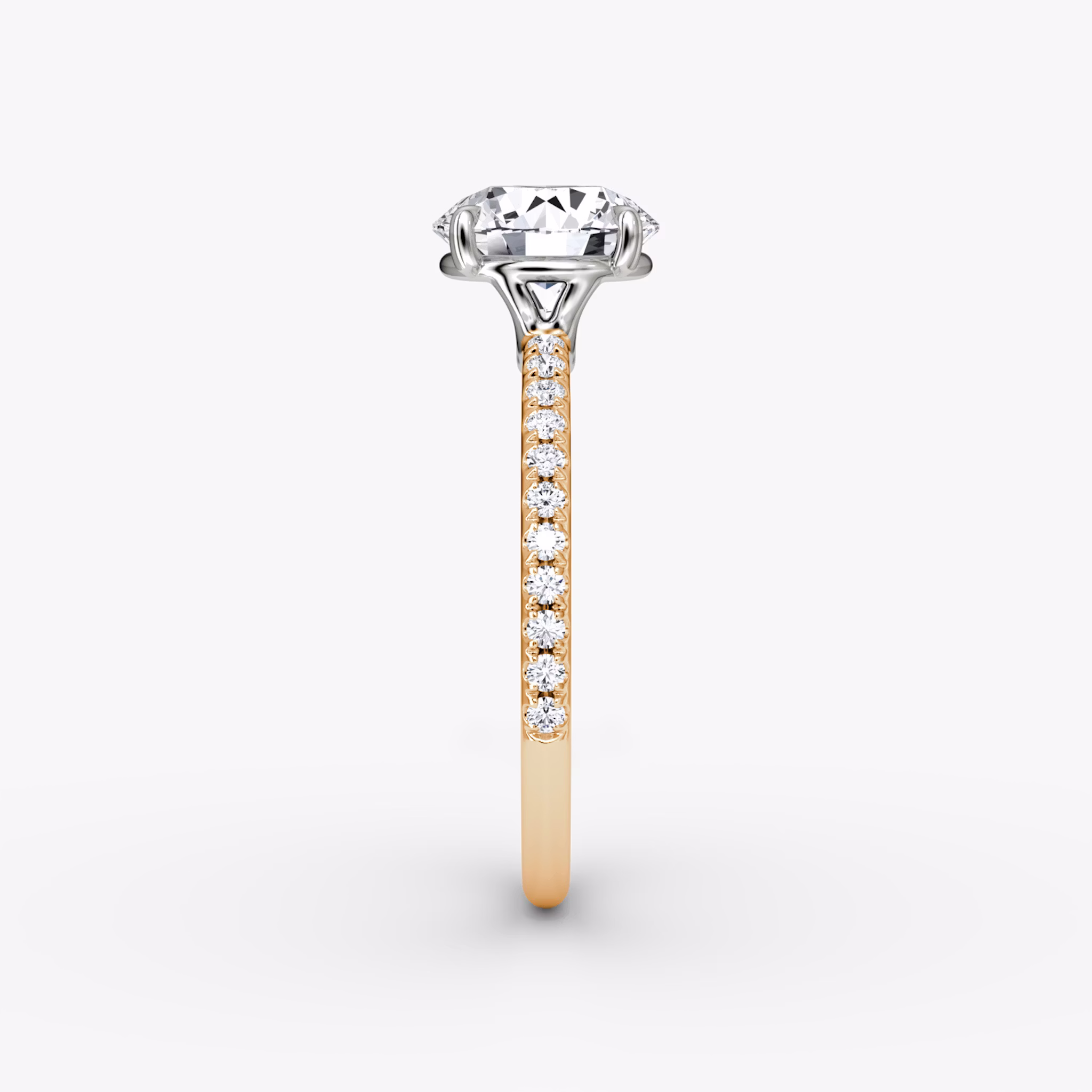 The Signature | Round Brilliant | 14k | Rose Gold and Platinum | bandAccent: Pavé | bandWidth: standard | caratWeight: 1.0ct | hiddenHalo: no | diamondOrientation: horizontal