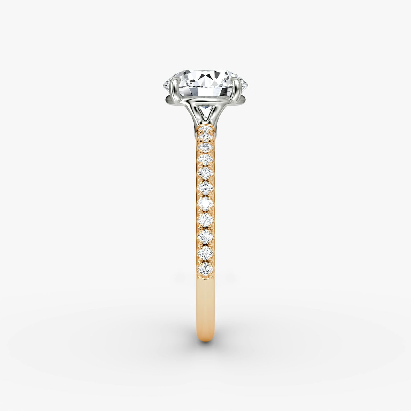 The Signature | Round Brilliant | 14k | Rose Gold and Platinum | bandAccent: Pavé | bandWidth: standard | caratWeight: other | hiddenHalo: no | diamondOrientation: vertical