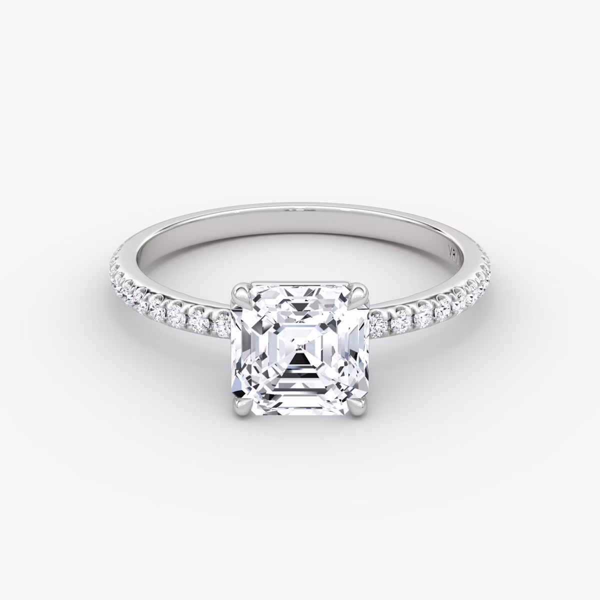 The Signature | Asscher | 18k | White Gold | bandAccent: Pavé | bandWidth: standard | hiddenHalo: no | diamondOrientation: vertical | caratWeight: other