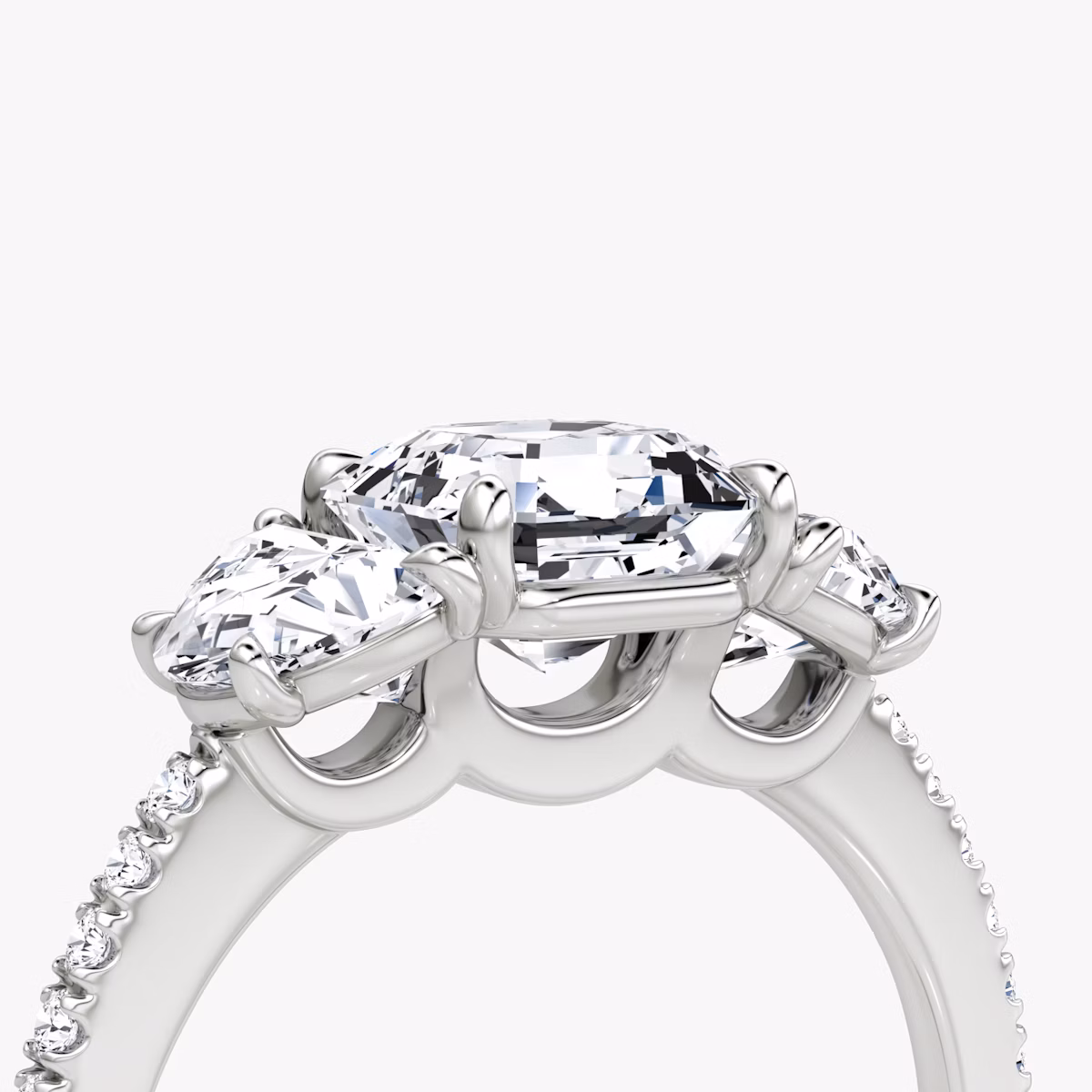 The Three Stone | Asscher | Platinum | bandAccent: Pavé | sideStoneCarat: 0.50ct | sideStoneShape: Half Moon | diamondOrientation: vertical | caratWeight: other