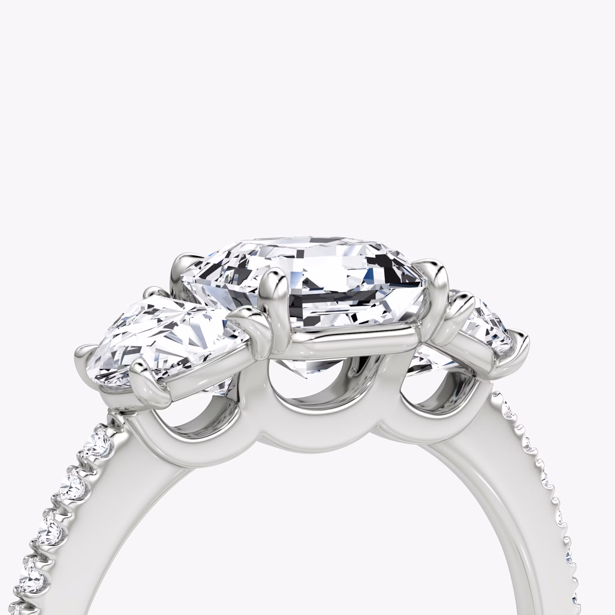 The Three Stone | Asscher | 18k | White Gold | bandAccent: Pavé | sideStoneCarat: 0.50ct | sideStoneShape: Half Moon | diamondOrientation: vertical | caratWeight: other