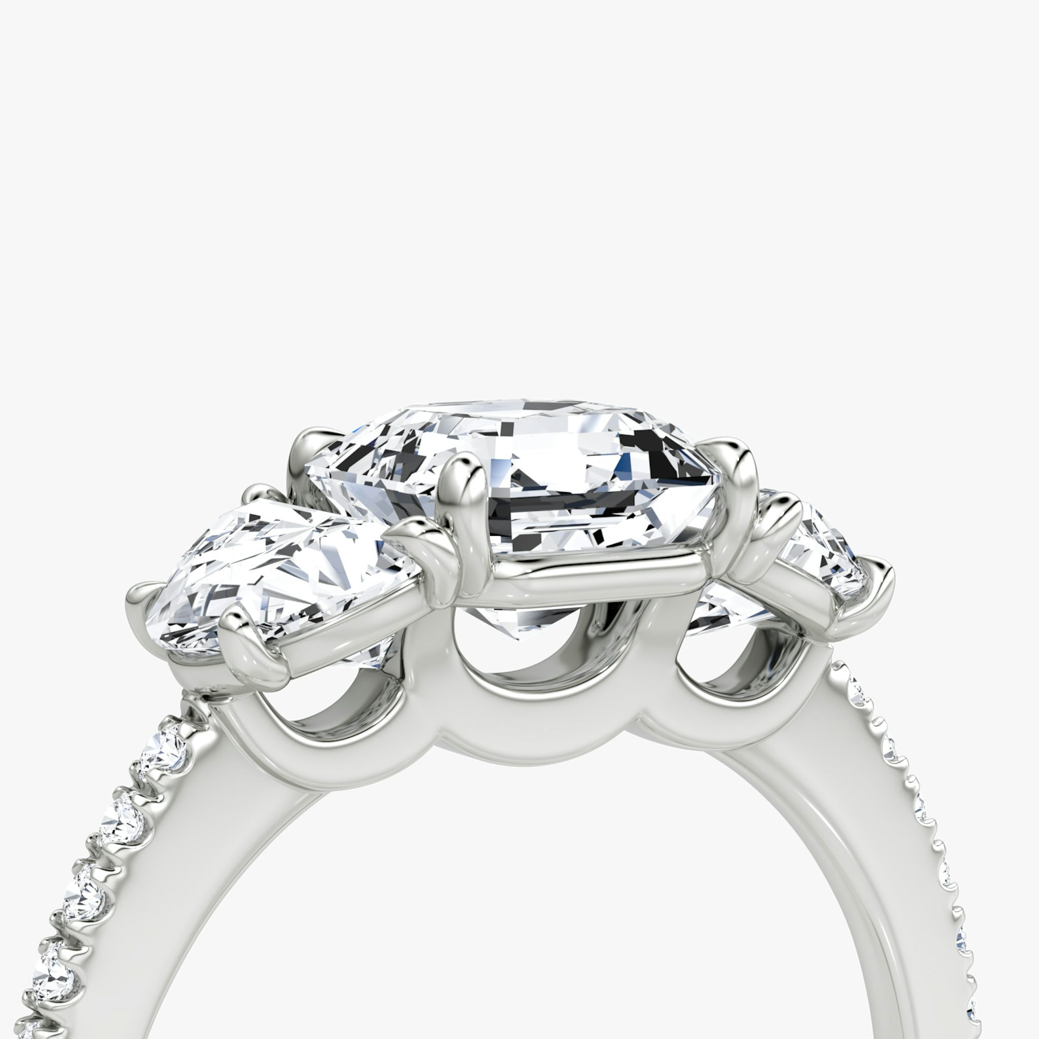 The Three Stone | Asscher | 18k | White Gold | bandAccent: Pavé | sideStoneCarat: 0.50ct | sideStoneShape: Half Moon | diamondOrientation: vertical | caratWeight: other