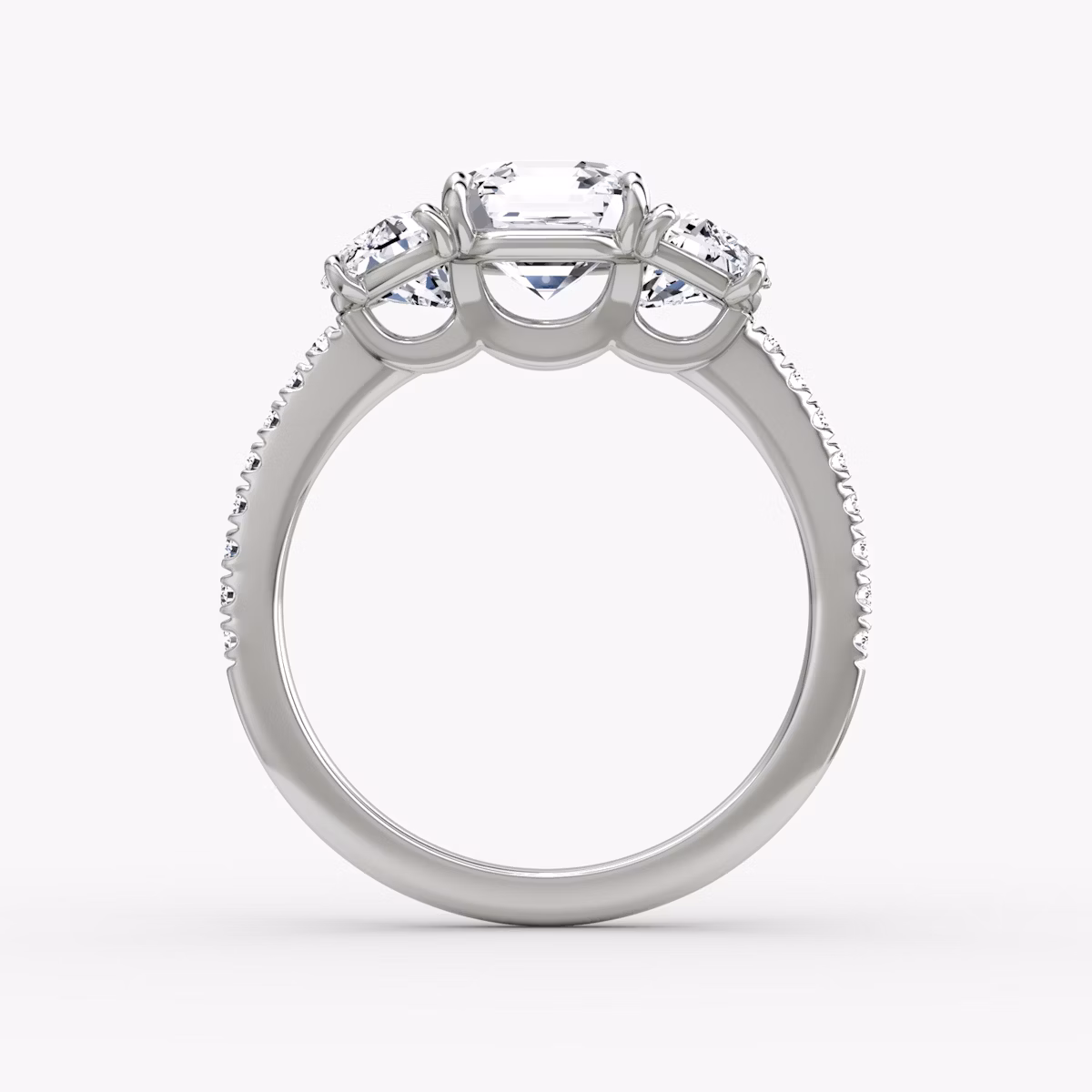 The Three Stone | Asscher | Platinum | bandAccent: Pavé | sideStoneCarat: 0.50ct | sideStoneShape: Half Moon | diamondOrientation: vertical | caratWeight: other