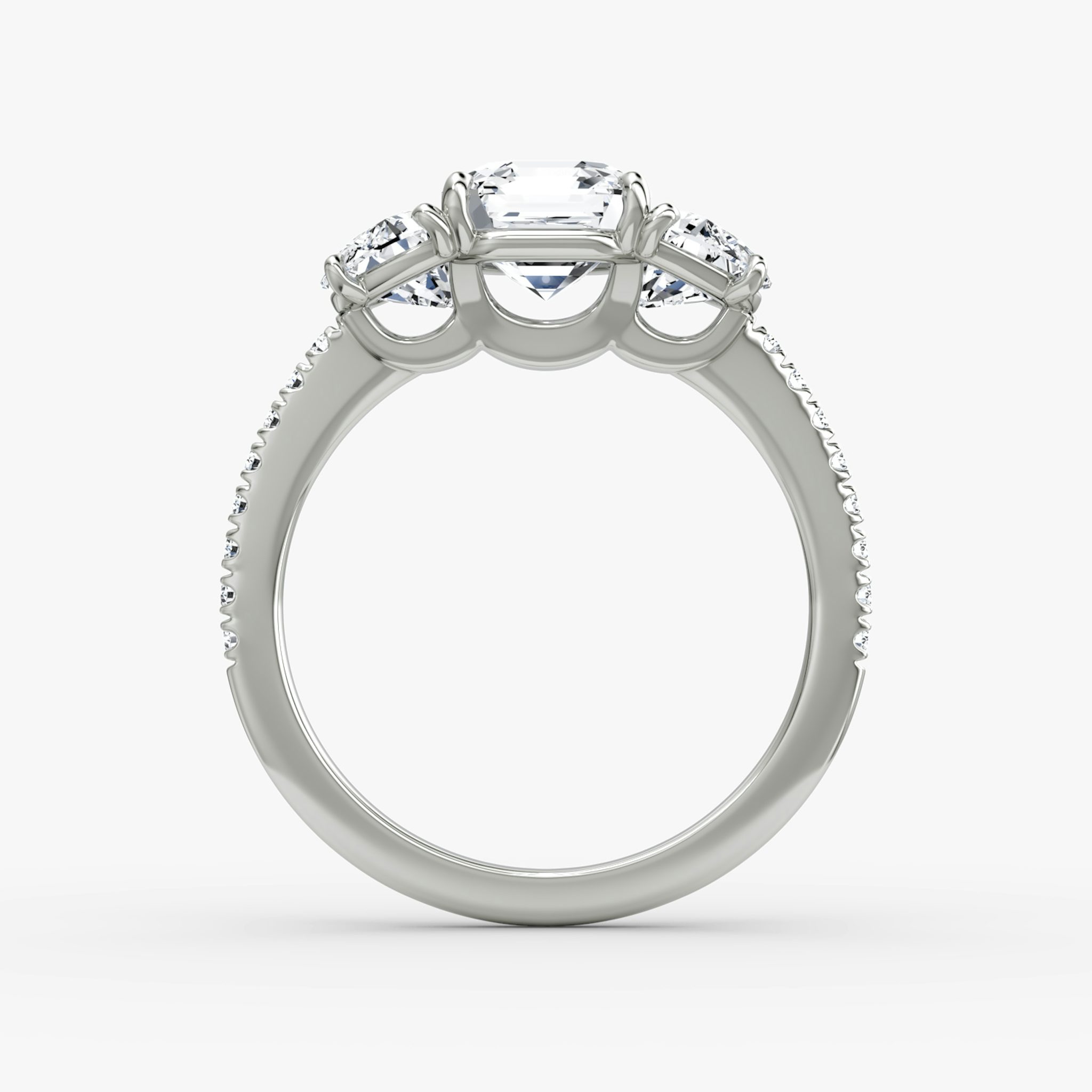 The Three Stone | Asscher | 18k | White Gold | bandAccent: Pavé | sideStoneCarat: 0.50ct | sideStoneShape: Half Moon | diamondOrientation: vertical | caratWeight: other