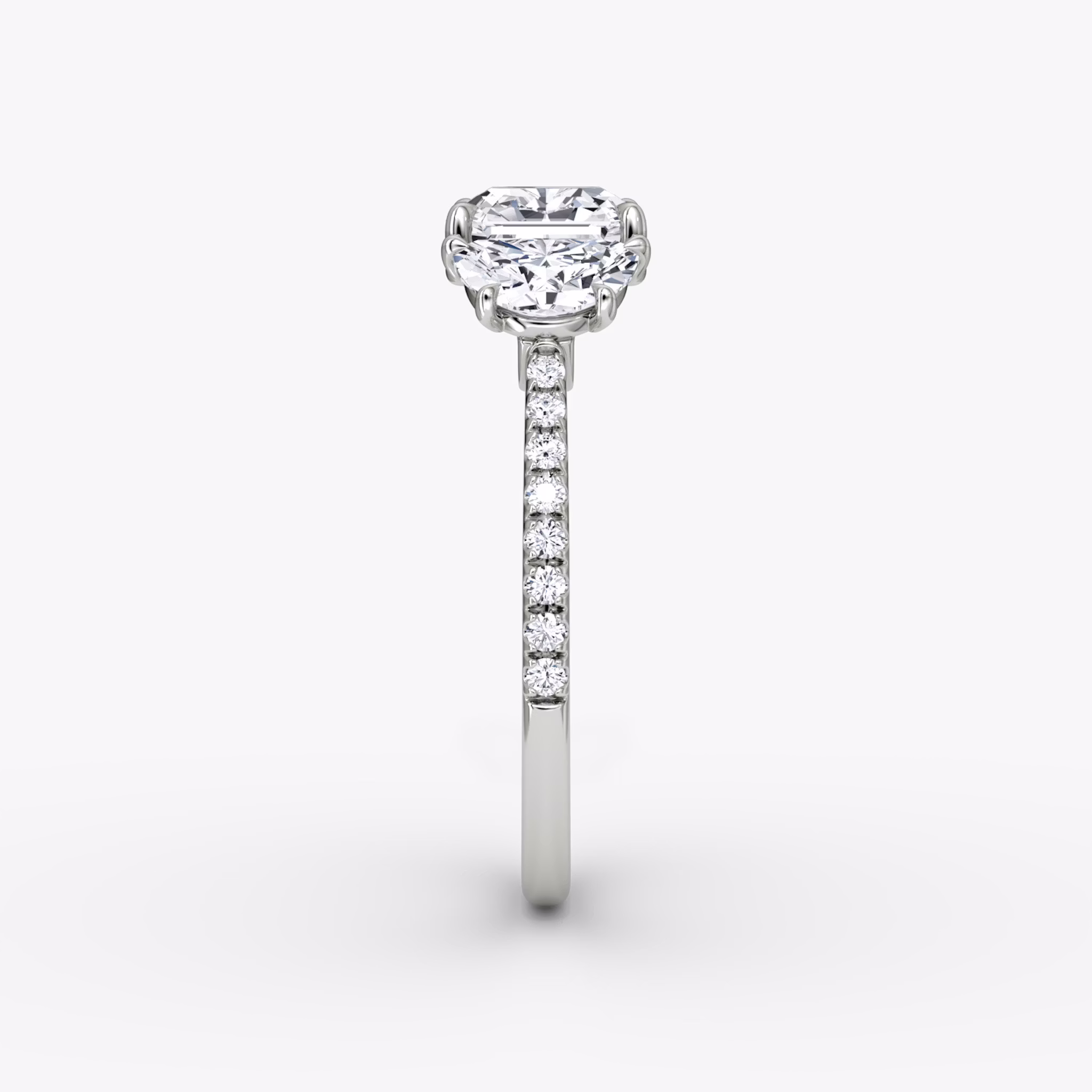 The Three Stone | Asscher | 18k | White Gold | bandAccent: Pavé | sideStoneCarat: 0.50ct | sideStoneShape: Half Moon | diamondOrientation: vertical | caratWeight: other