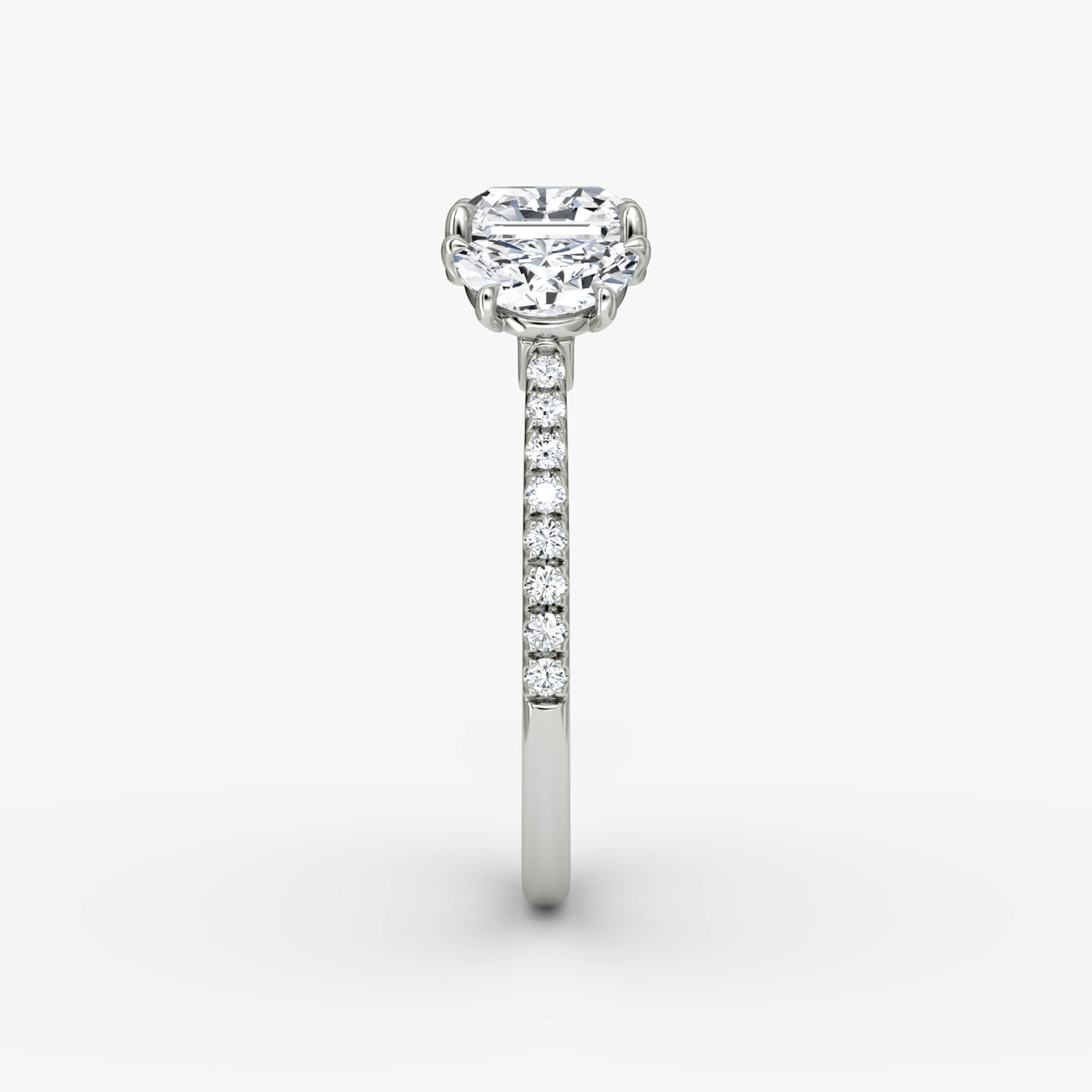 The Three Stone | Asscher | 18k | White Gold | bandAccent: Pavé | sideStoneCarat: 0.50ct | sideStoneShape: Half Moon | diamondOrientation: vertical | caratWeight: other