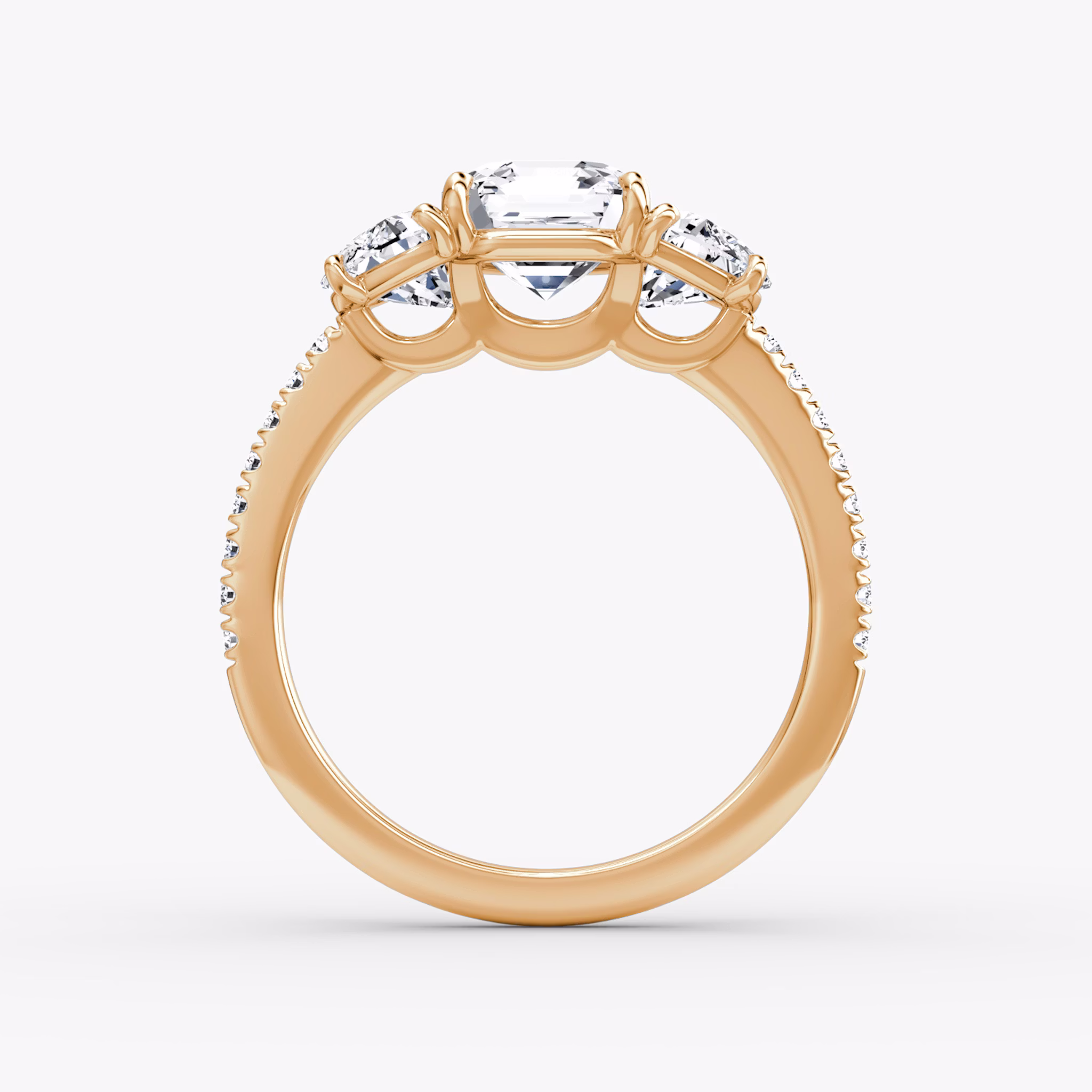 The Three Stone | Asscher | 14k | Rose Gold | bandAccent: Pavé | sideStoneCarat: 0.50ct | sideStoneShape: Half Moon | diamondOrientation: vertical | caratWeight: other