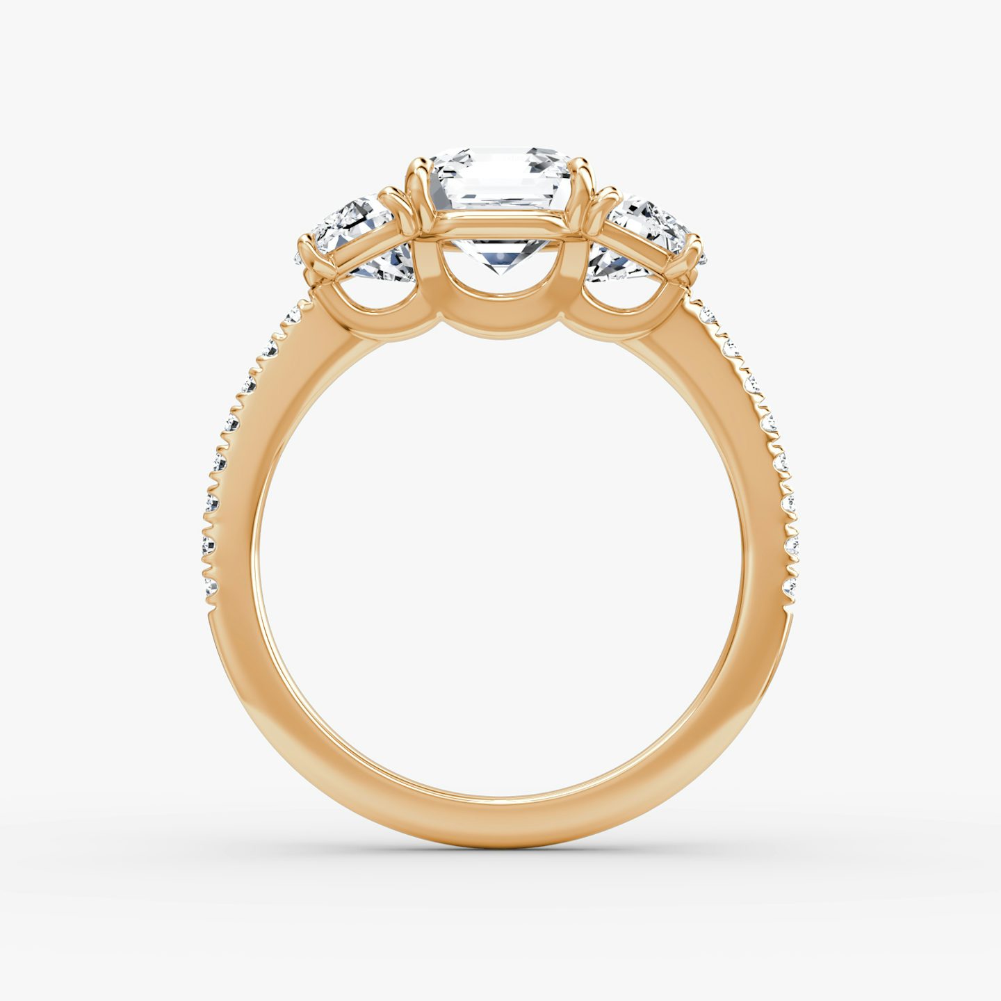 The Three Stone | Asscher | 14k | Rose Gold | bandAccent: Pavé | sideStoneCarat: 0.50ct | sideStoneShape: Half Moon | diamondOrientation: vertical | caratWeight: other
