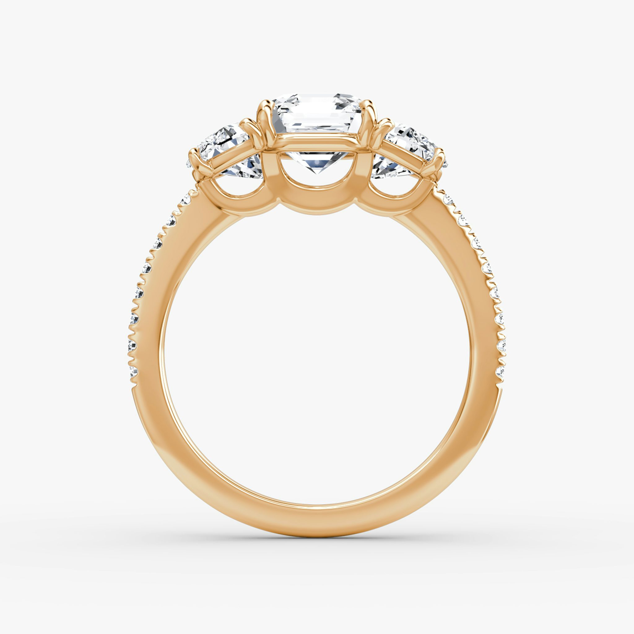 The Three Stone | Asscher | 14k | Rose Gold | bandAccent: Pavé | sideStoneCarat: 0.50ct | sideStoneShape: Half Moon | diamondOrientation: vertical | caratWeight: other