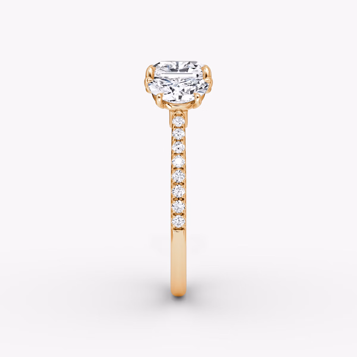 The Three Stone | Asscher | 14k | Rose Gold | bandAccent: Pavé | sideStoneCarat: 0.50ct | sideStoneShape: Half Moon | diamondOrientation: vertical | caratWeight: other