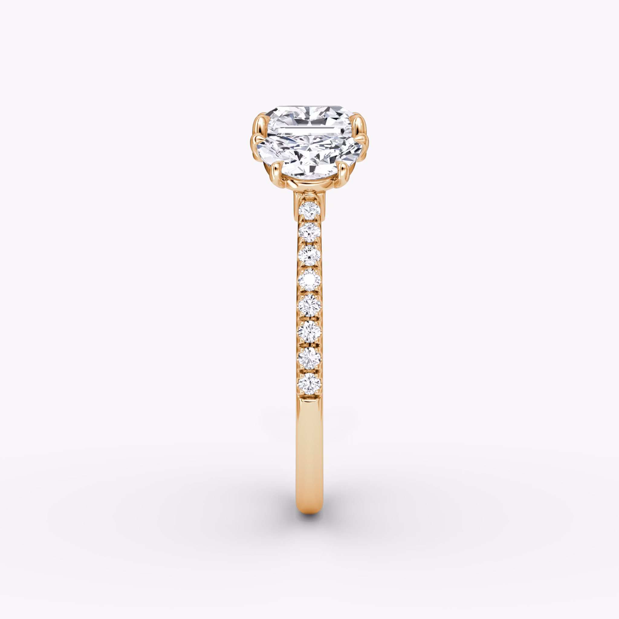 The Three Stone | Asscher | 14k | Rose Gold | bandAccent: Pavé | sideStoneCarat: 0.50ct | sideStoneShape: Half Moon | diamondOrientation: vertical | caratWeight: other