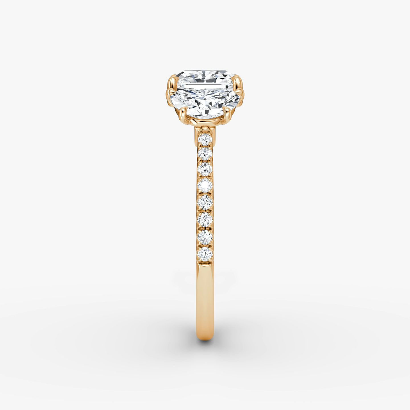 The Three Stone | Asscher | 14k | Rose Gold | bandAccent: Pavé | sideStoneCarat: 0.50ct | sideStoneShape: Half Moon | diamondOrientation: vertical | caratWeight: other