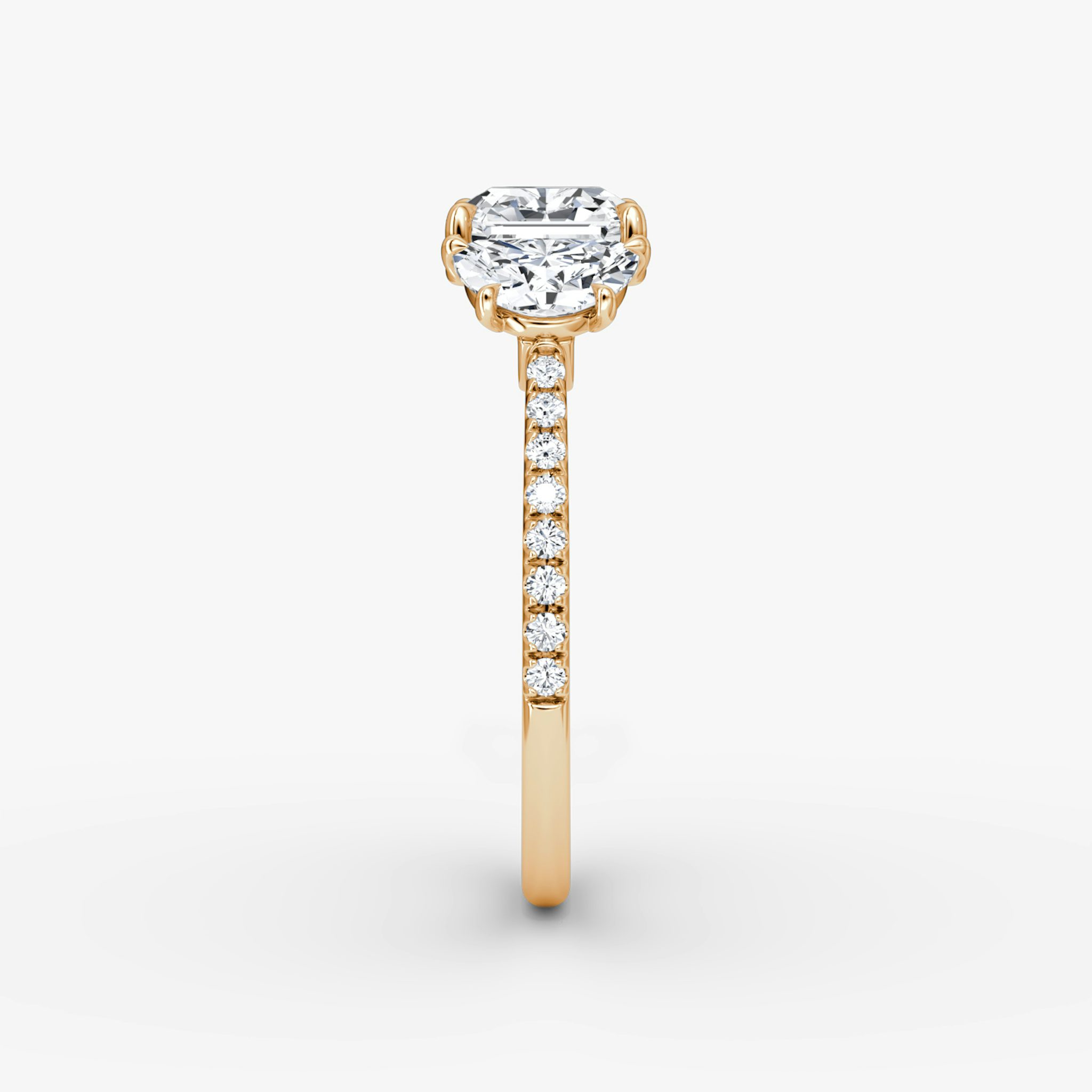 The Three Stone | Asscher | 14k | Rose Gold | bandAccent: Pavé | sideStoneCarat: 0.50ct | sideStoneShape: Half Moon | diamondOrientation: vertical | caratWeight: other