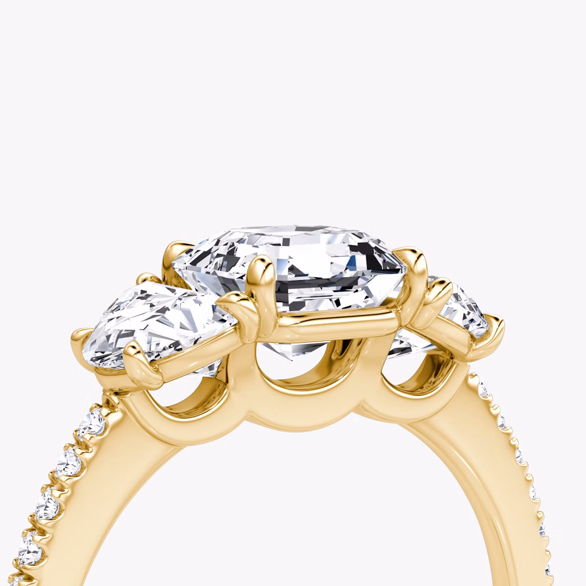 The Three Stone | Asscher | 18k | Yellow Gold | bandAccent: Pavé | sideStoneCarat: 0.50ct | sideStoneShape: Half Moon | diamondOrientation: vertical | caratWeight: other