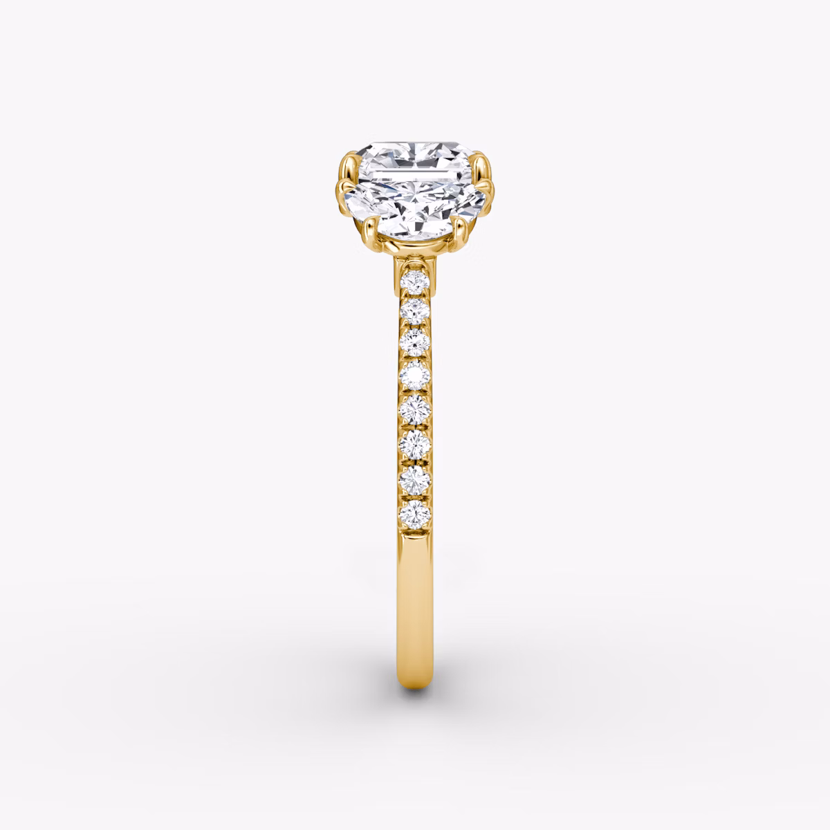The Three Stone | Asscher | 18k | Yellow Gold | bandAccent: Pavé | sideStoneCarat: 0.50ct | sideStoneShape: Half Moon | diamondOrientation: vertical | caratWeight: other