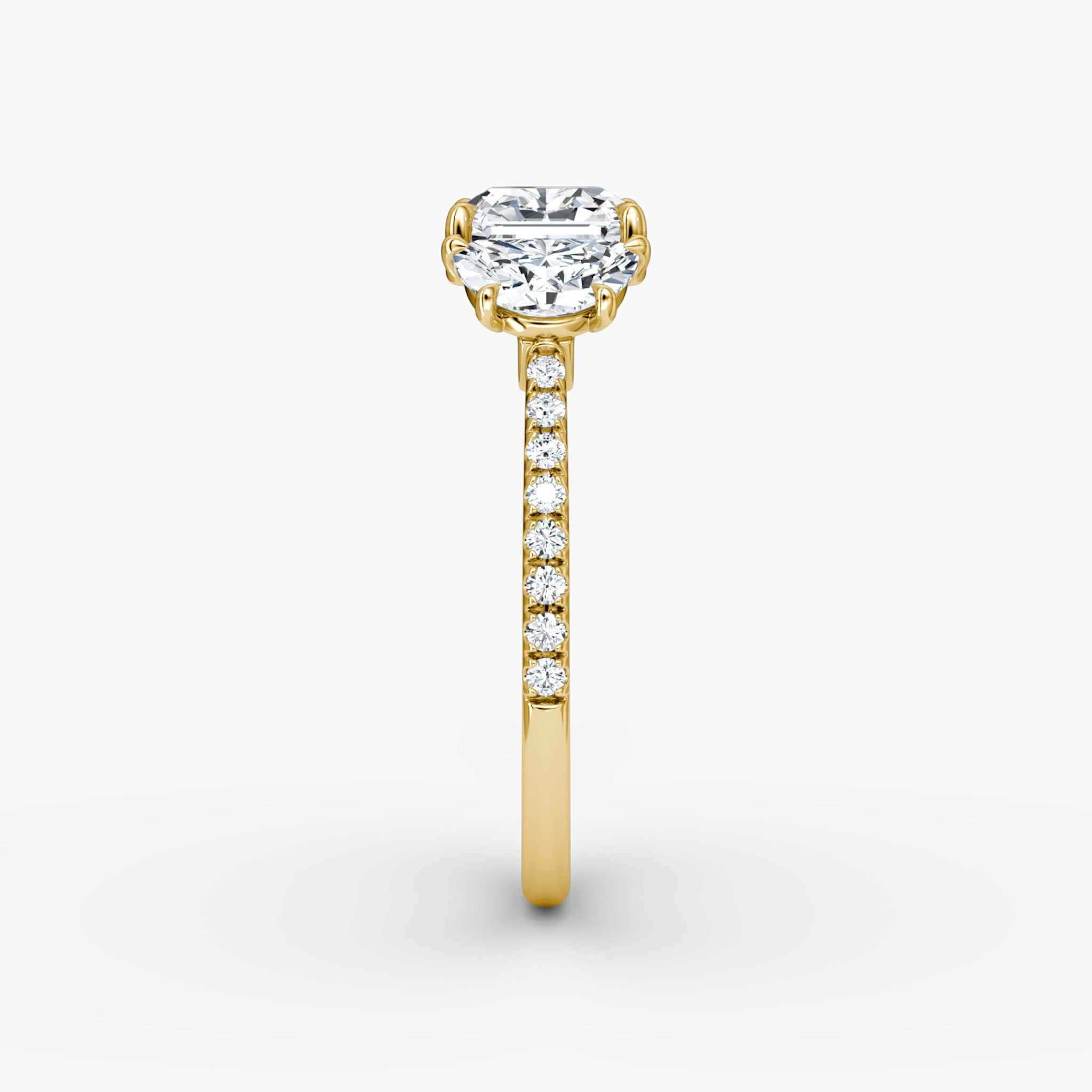 The Three Stone | Asscher | 18k | Yellow Gold | bandAccent: Pavé | sideStoneCarat: 0.50ct | sideStoneShape: Half Moon | diamondOrientation: vertical | caratWeight: other