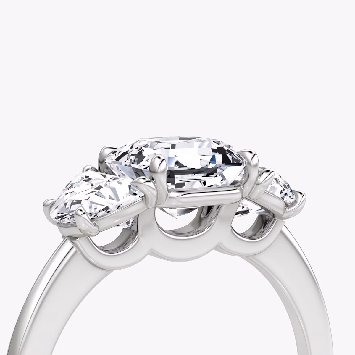 The Three Stone | Asscher | 18k | White Gold | bandAccent: Plain | sideStoneCarat: 0.50ct | sideStoneShape: Half Moon | diamondOrientation: vertical | caratWeight: other