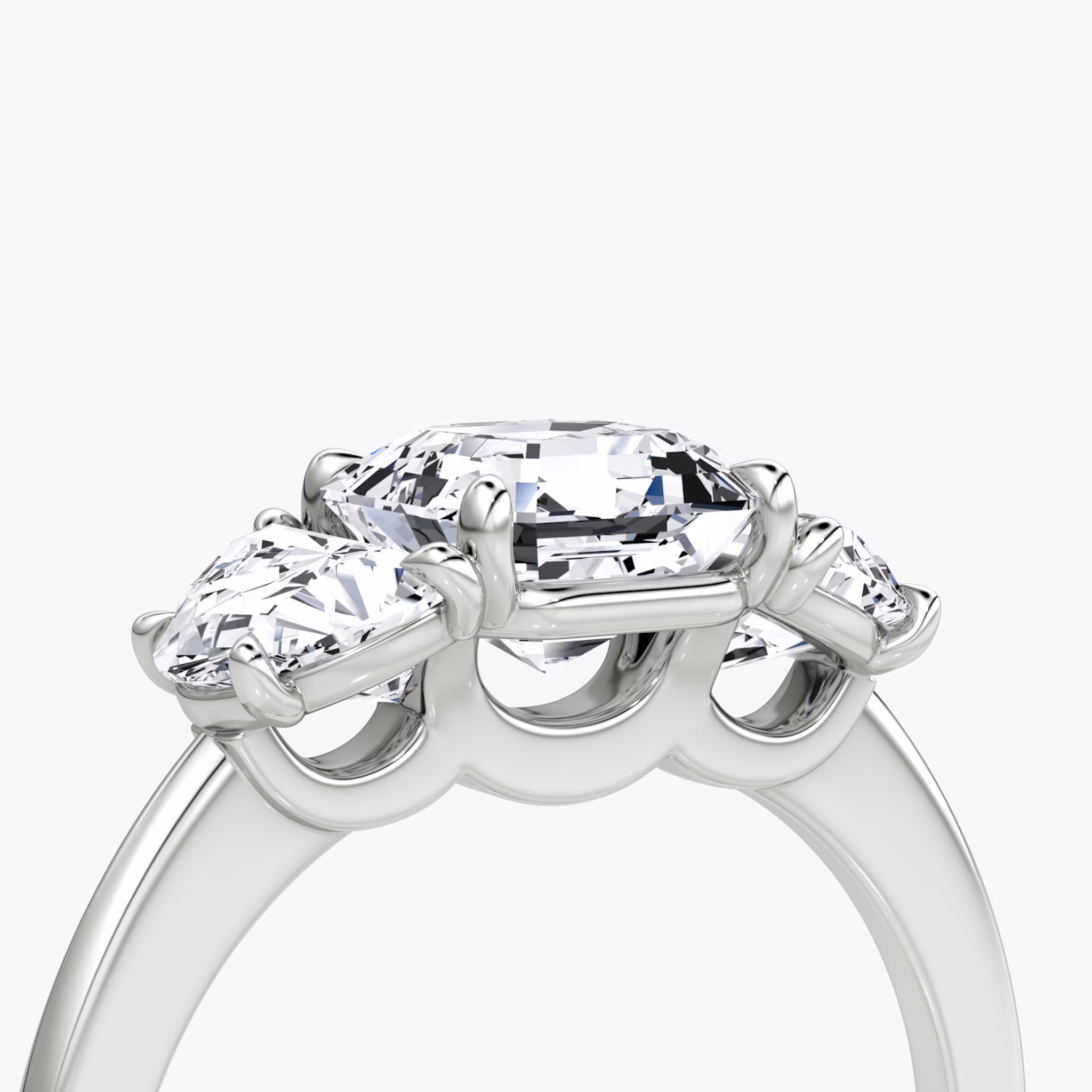 The Three Stone | Asscher | Platinum | bandAccent: Plain | sideStoneCarat: 0.50ct | sideStoneShape: Half Moon | diamondOrientation: vertical | caratWeight: other