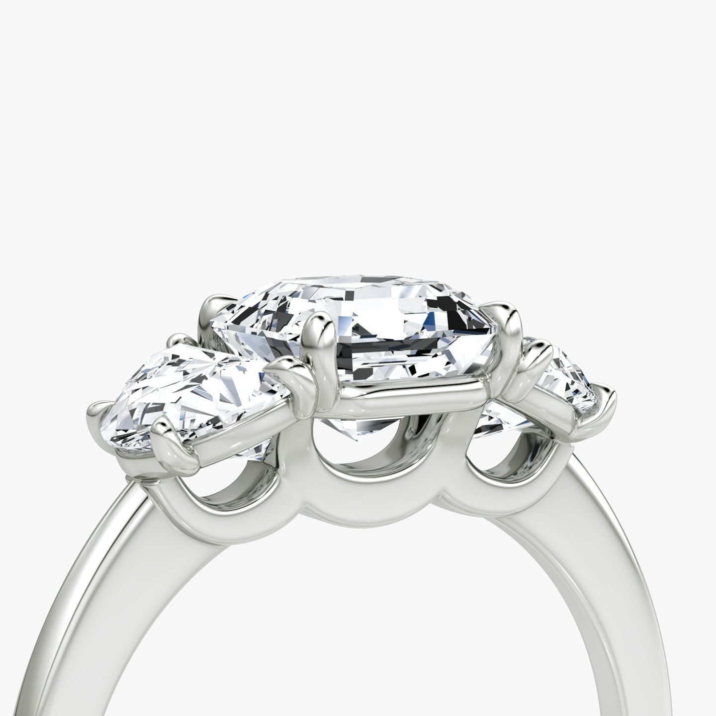 The Three Stone | Asscher | 18k | White Gold | bandAccent: Plain | sideStoneCarat: 0.50ct | sideStoneShape: Half Moon | diamondOrientation: vertical | caratWeight: other