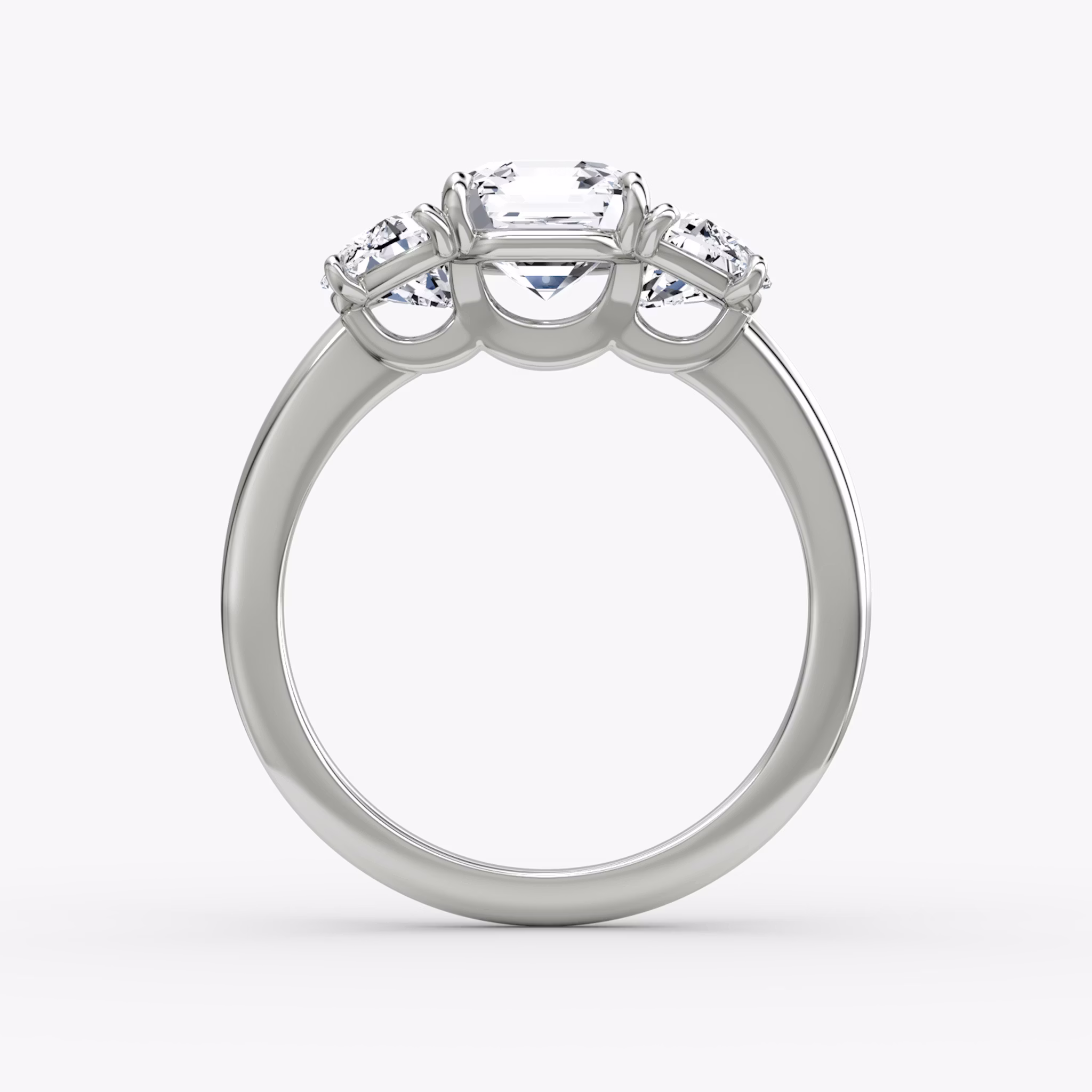 The Three Stone | Asscher | Platinum | bandAccent: Plain | sideStoneCarat: 0.50ct | sideStoneShape: Half Moon | diamondOrientation: vertical | caratWeight: other