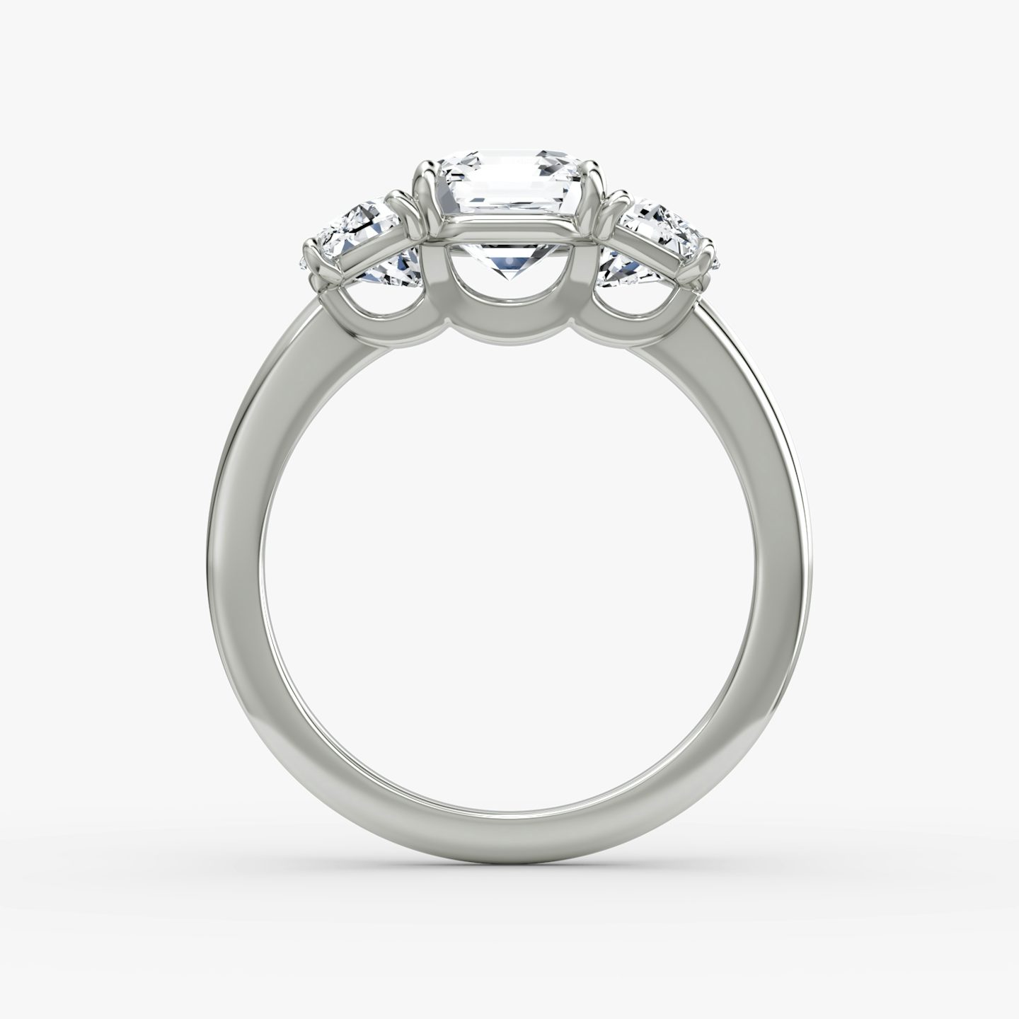 The Three Stone | Asscher | 18k | White Gold | bandAccent: Plain | sideStoneCarat: 0.50ct | sideStoneShape: Half Moon | diamondOrientation: vertical | caratWeight: other