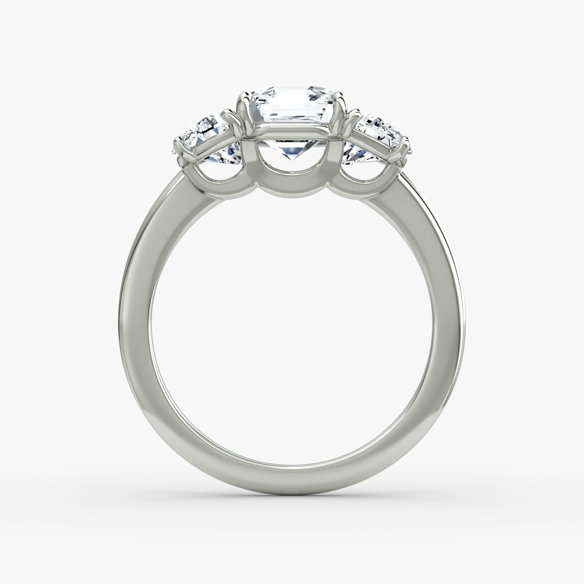 The Three Stone | Asscher | Platinum | bandAccent: Plain | sideStoneCarat: 0.50ct | sideStoneShape: Half Moon | diamondOrientation: vertical | caratWeight: other