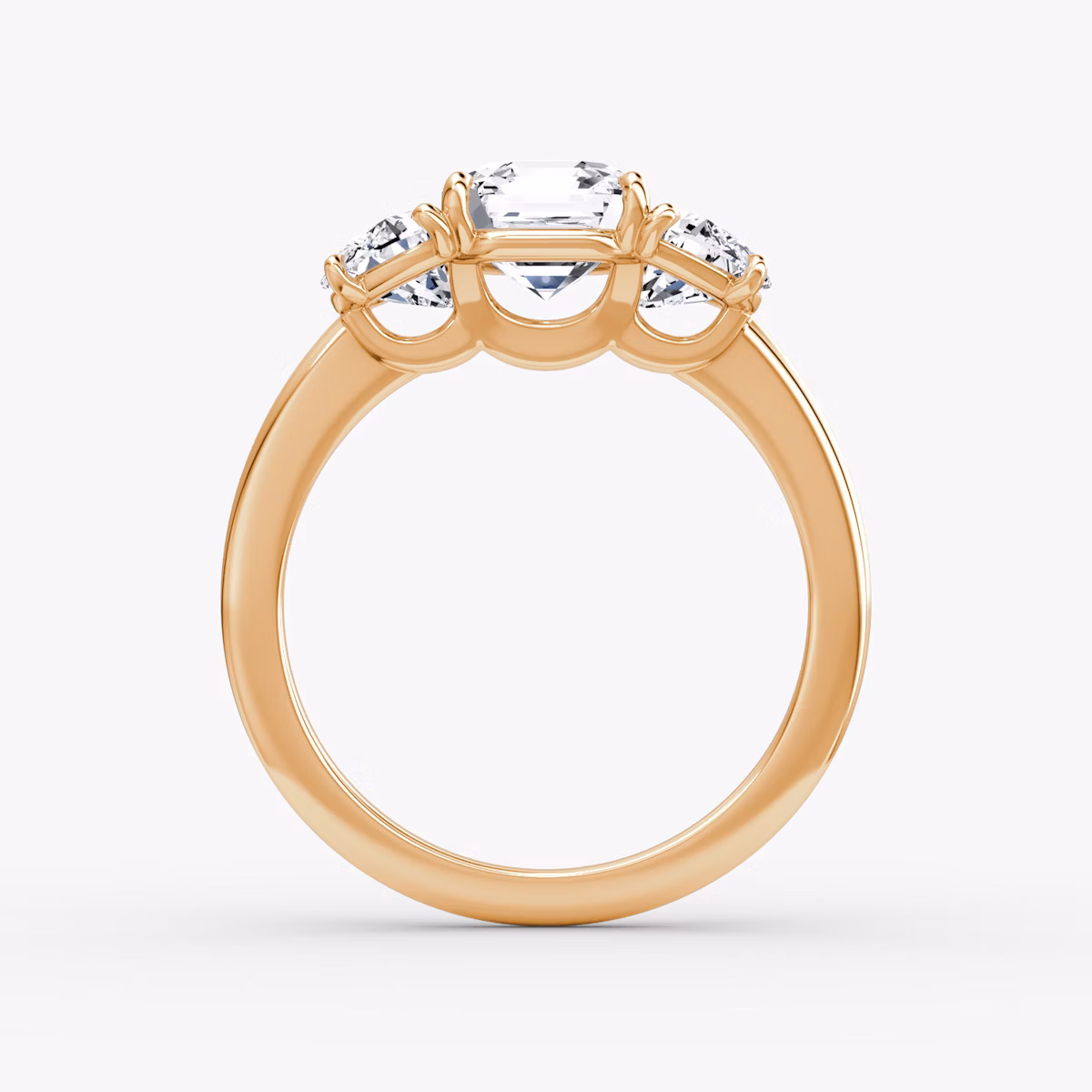 The Three Stone | Asscher | 14k | Rose Gold | bandAccent: Plain | sideStoneCarat: 0.50ct | sideStoneShape: Half Moon | diamondOrientation: vertical | caratWeight: other