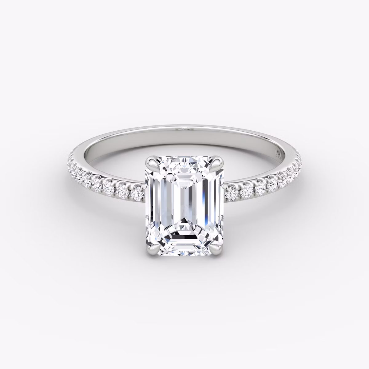 The Signature | Emerald | 18k | White Gold | bandAccent: Pavé | bandWidth: standard | hiddenHalo: no | diamondOrientation: vertical | caratWeight: other