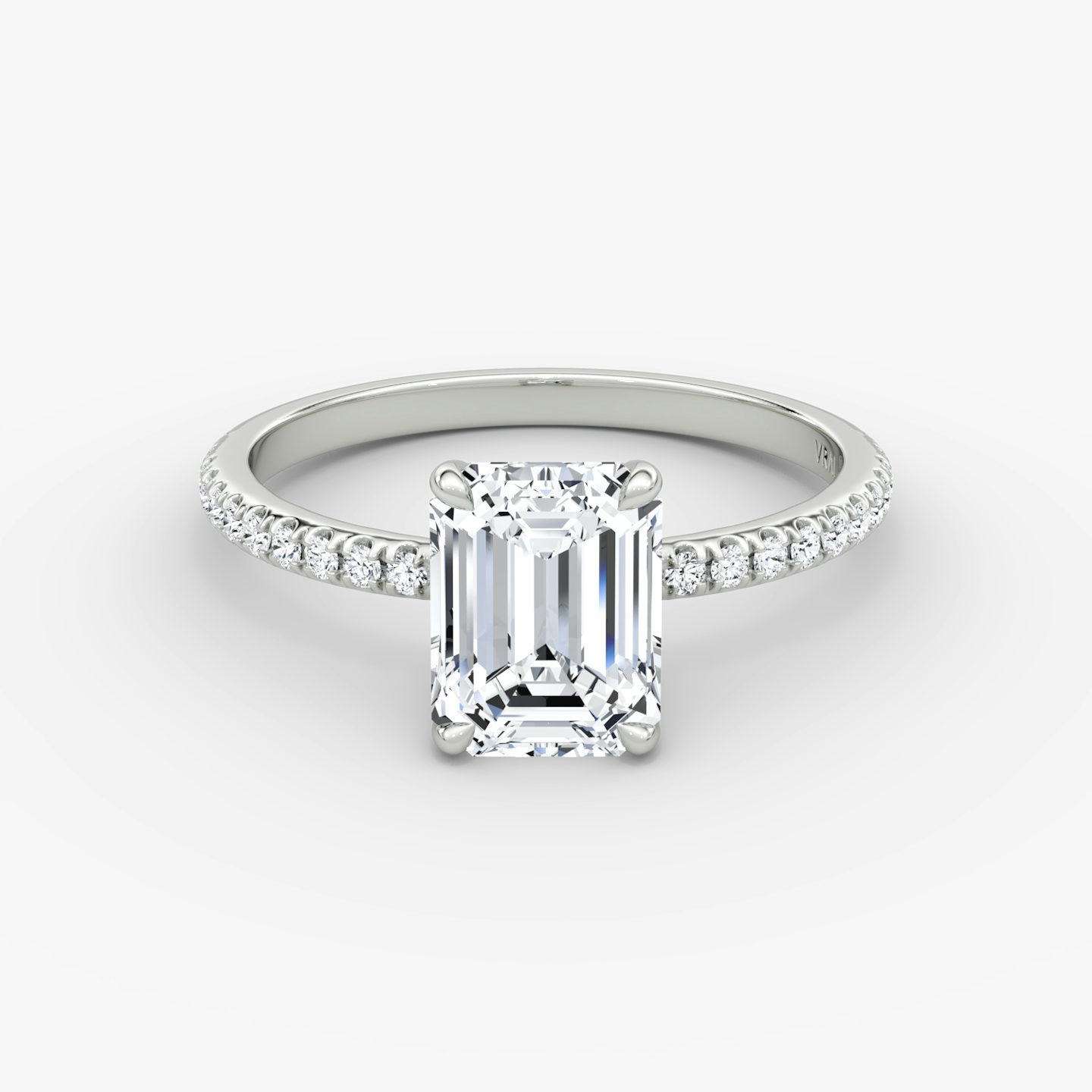 The Signature | Emerald | 18k | White Gold | bandAccent: Pavé | bandWidth: standard | hiddenHalo: no | diamondOrientation: vertical | caratWeight: other