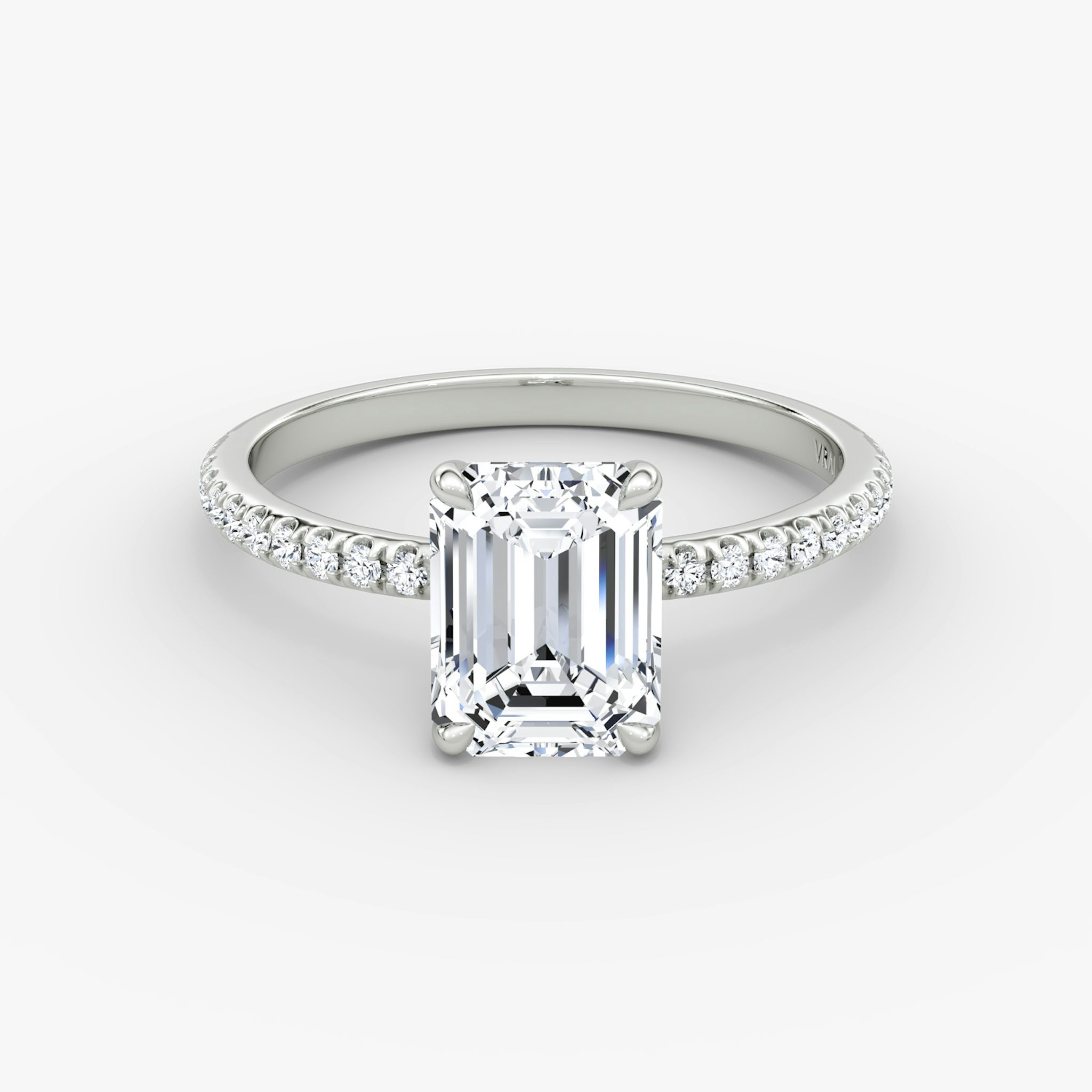The Signature | Emerald | 18k | White Gold | bandAccent: Pavé | bandWidth: standard | hiddenHalo: no | diamondOrientation: vertical | caratWeight: other