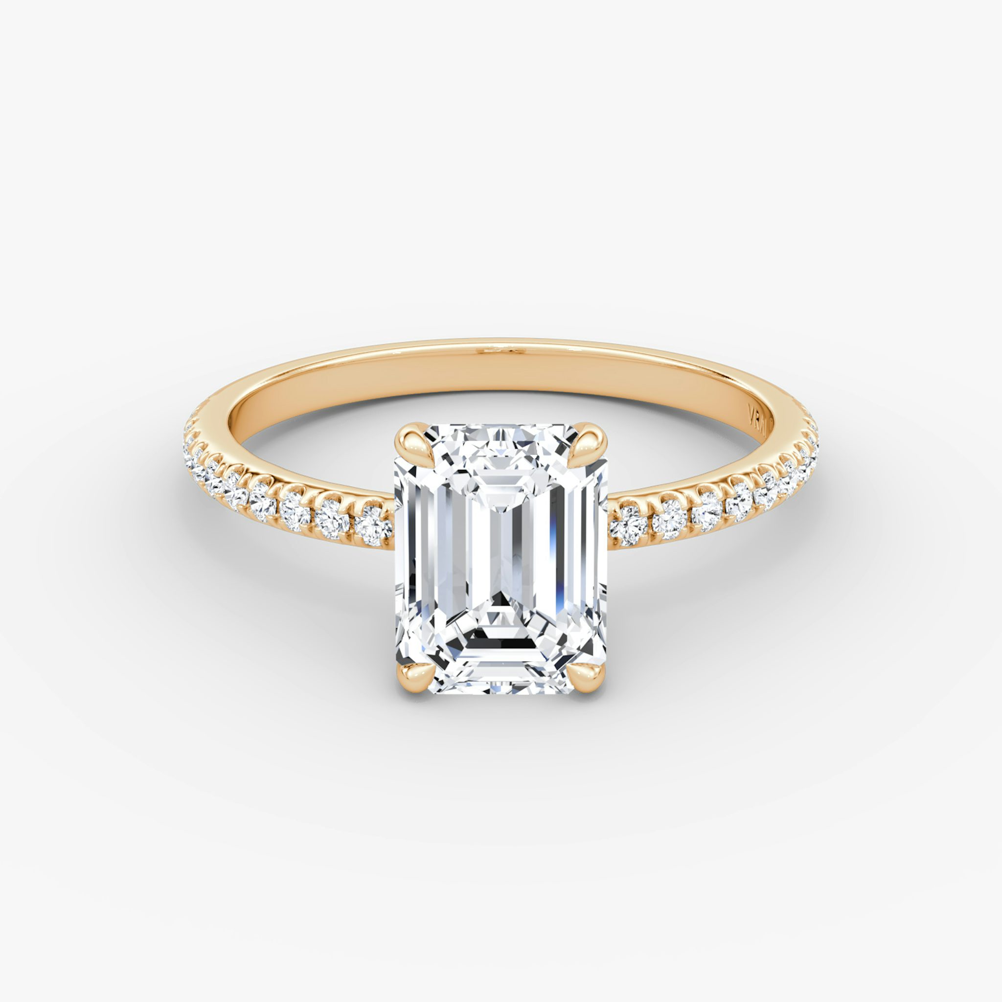 The Signature | Emerald | 14k | Rose Gold | bandAccent: Pavé | bandWidth: standard | hiddenHalo: no | diamondOrientation: vertical | caratWeight: other
