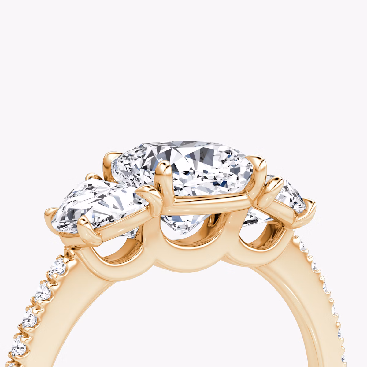 The Three Stone | Cushion | 14k | Rose Gold | bandAccent: Pavé | sideStoneCarat: 0.50ct | sideStoneShape: Half Moon | diamondOrientation: vertical | caratWeight: other