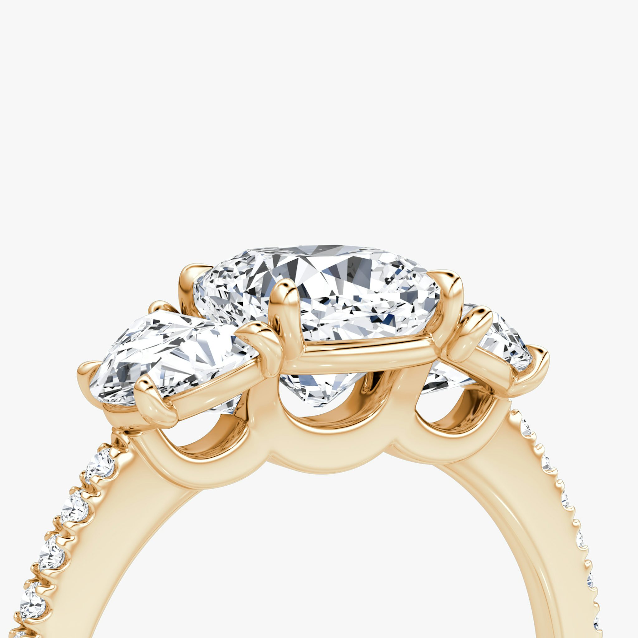 The Three Stone | Cushion | 14k | Rose Gold | bandAccent: Pavé | sideStoneCarat: 0.50ct | sideStoneShape: Half Moon | diamondOrientation: vertical | caratWeight: other
