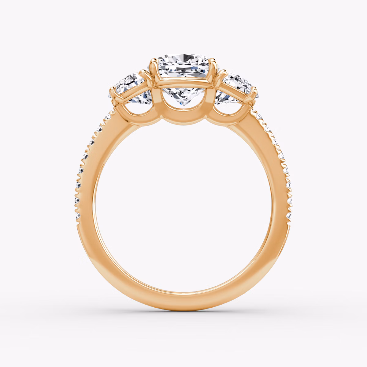 The Three Stone | Cushion | 14k | Rose Gold | bandAccent: Pavé | sideStoneCarat: 0.50ct | sideStoneShape: Half Moon | diamondOrientation: vertical | caratWeight: other